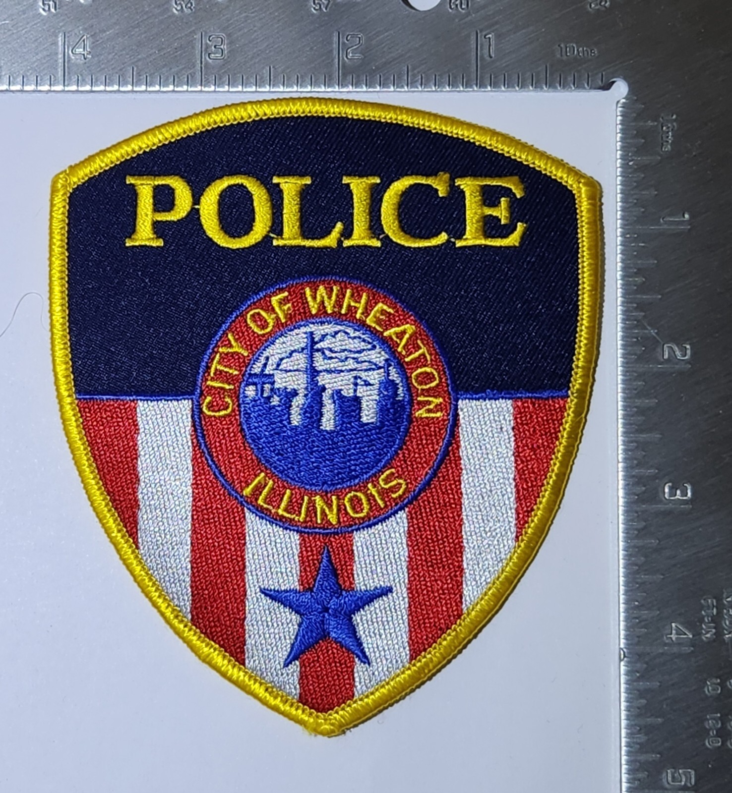City of Wheaton Illinois Police Patch. 4x4.5 inches. Great Condition.