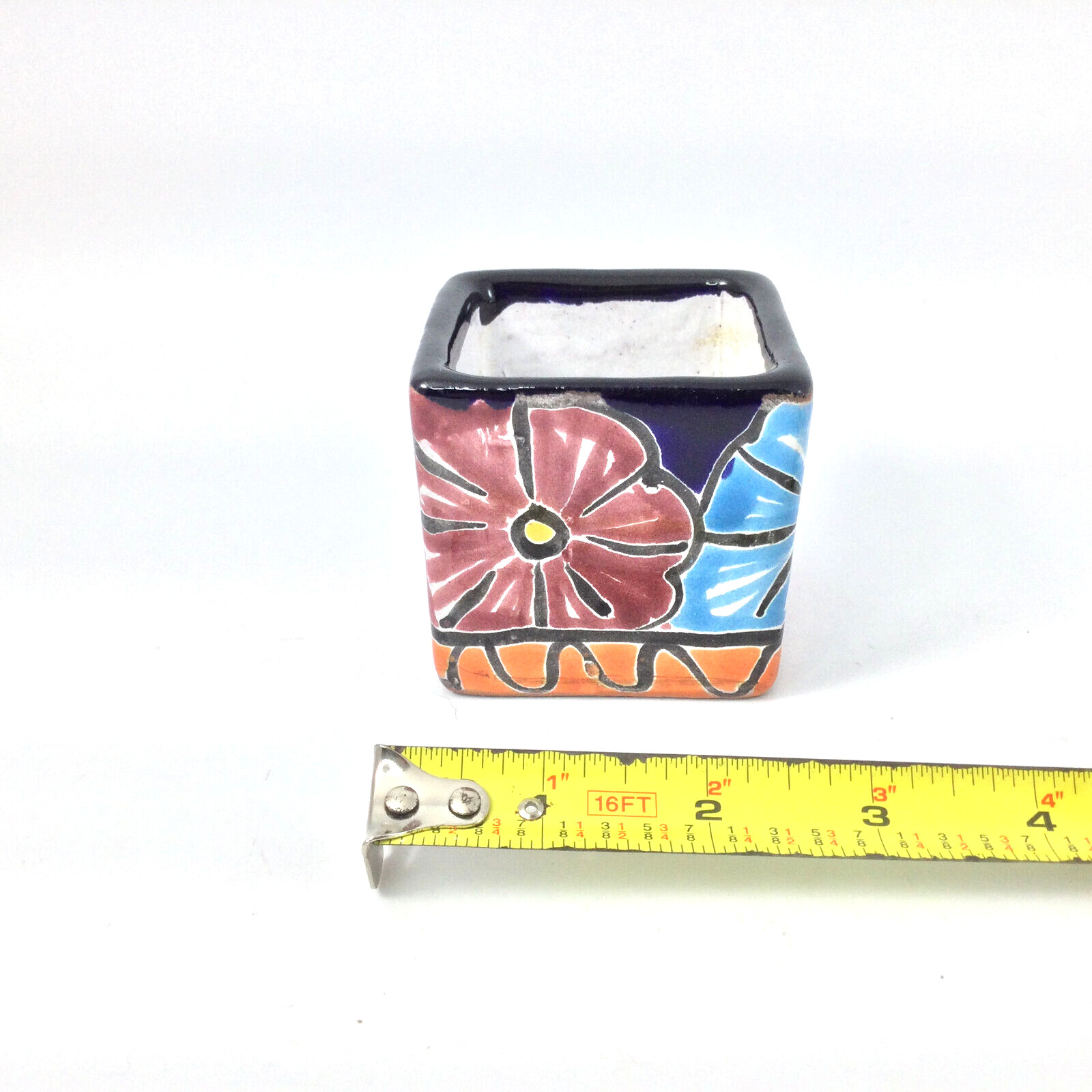 Small Ceramic Planter Hand Painted Flowers Mexico 2.5"