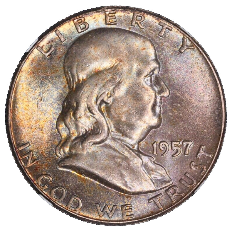 1957 Franklin Silver Half Dollar NGC MS-66 End Roll Album Toned Toning Toner