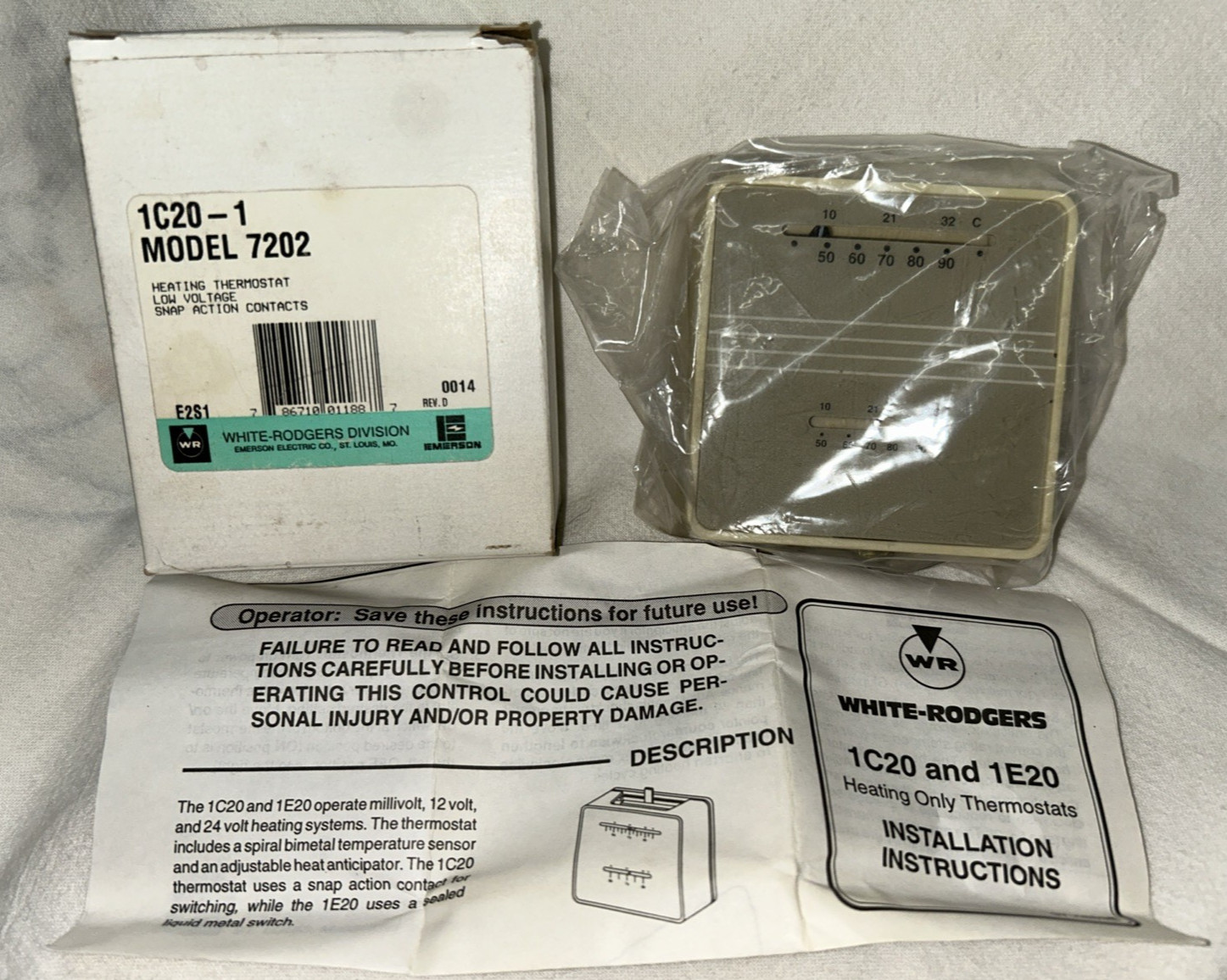 White Rodgers 1C20-1, Heating Thermostat, Low Voltage Snap Action, Model 7202