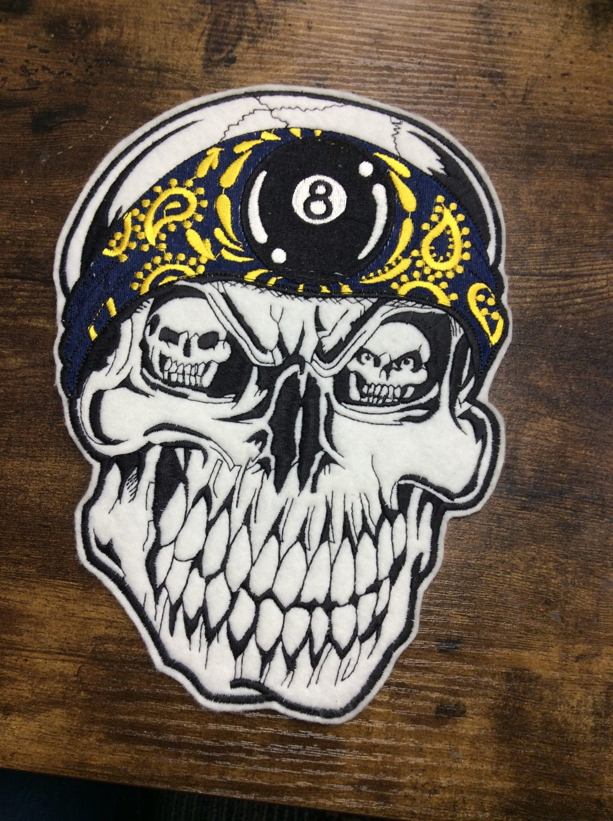 SKULL W/8 BALL JACKET IRON-ON BACK PATCH 10 X 8" NAVY BLUE BANDANA