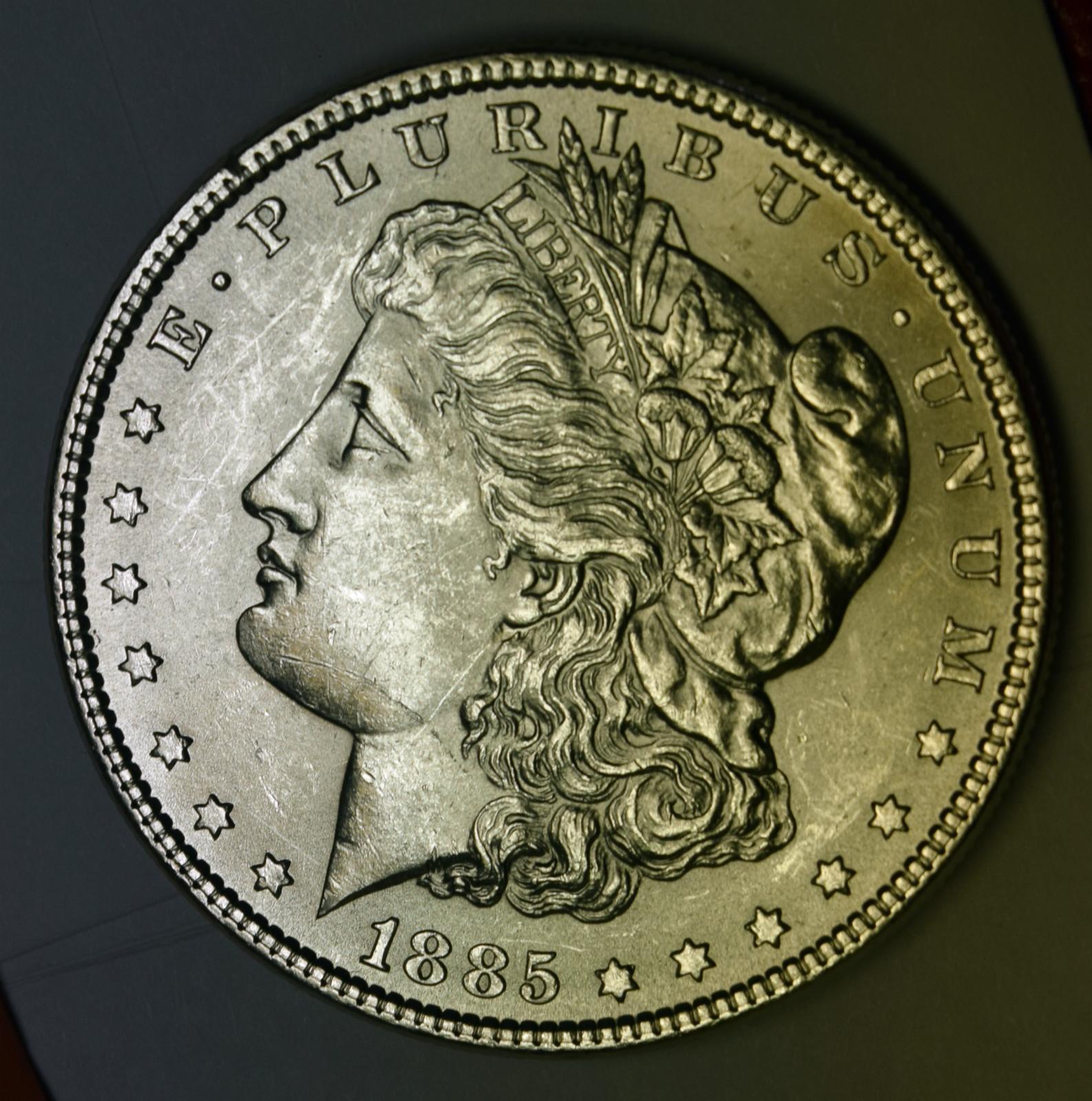 1885 Morgan Silver Dollar Full Chest Feathers. BU. Inventory G
