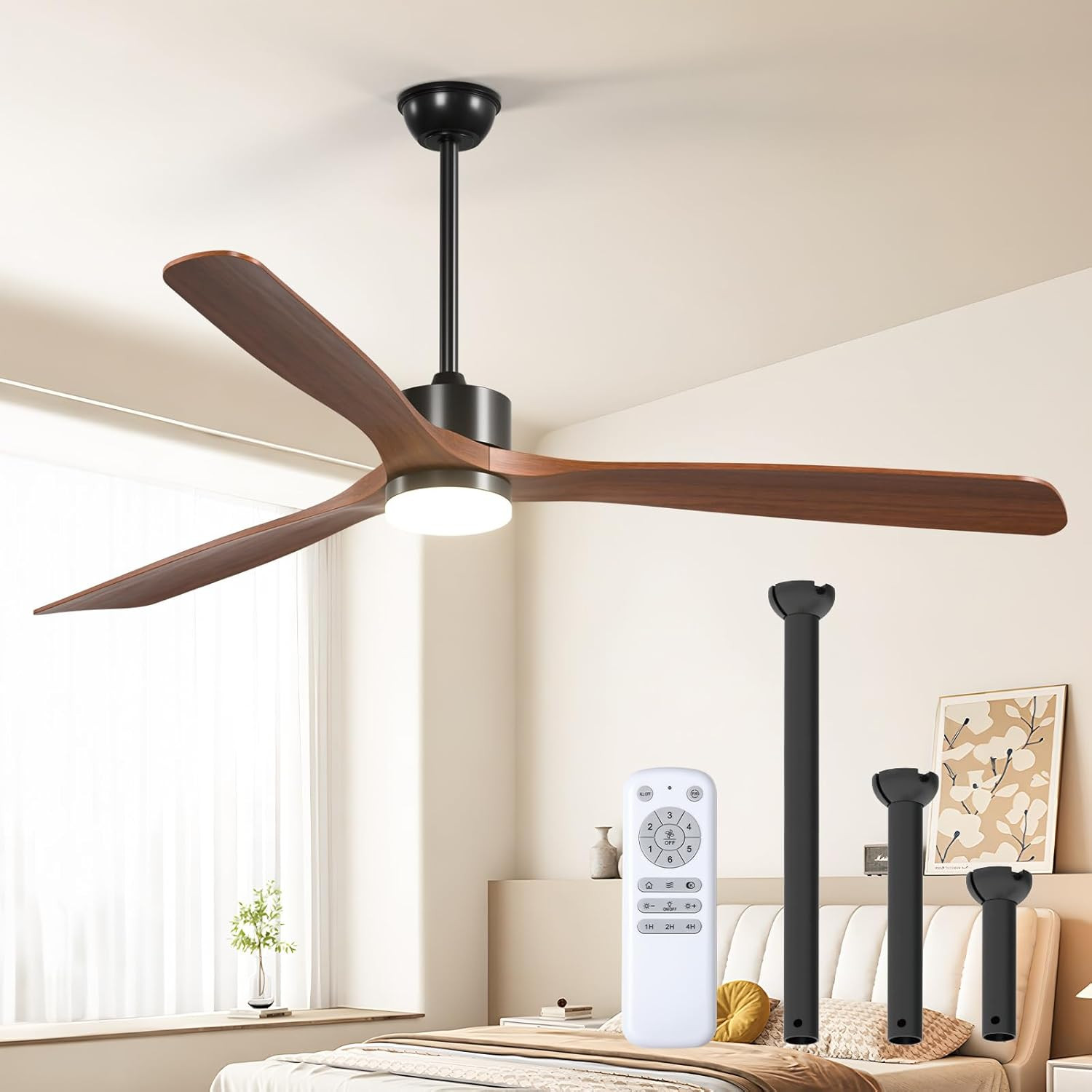 72" Black Walnut Ceiling Fan with Lights, Remote, 6 Speeds, Indoor/Outdoor Use