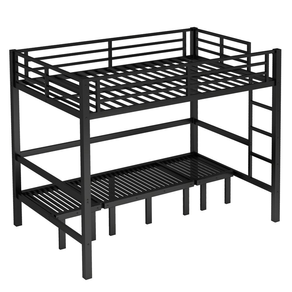 Full over Full Metal Bunk Bed - Pull-Out Lower Bunk (3 Sections) w/Safety Rails