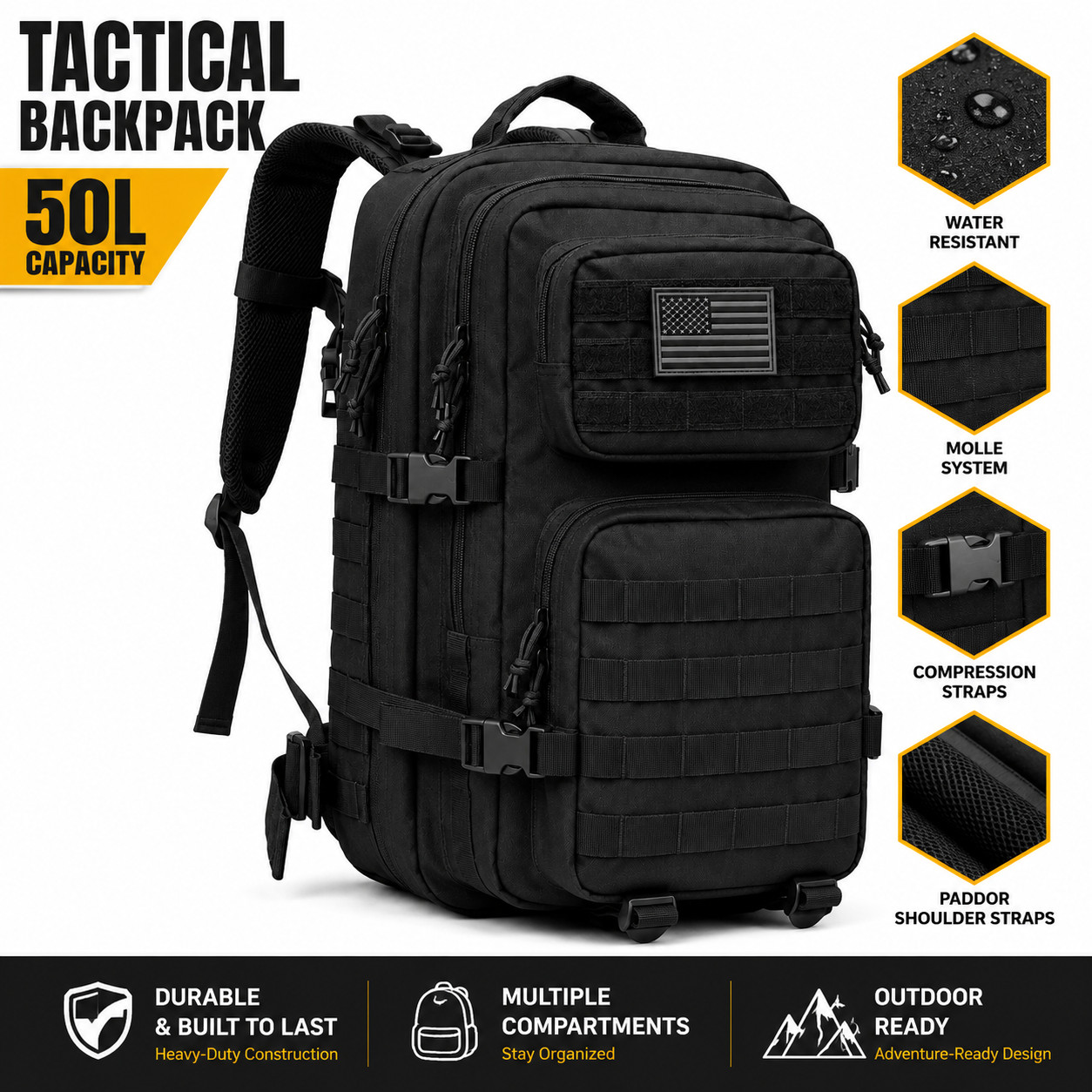 Military Tactical Backpack 40L – MOLLE 3-Day Assault Pack - Black