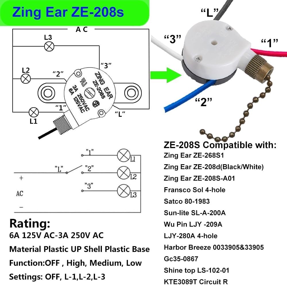 Ceiling Fan Switch 3 Speed 4 Wire Replacement Part for Hunter Hampton Bay