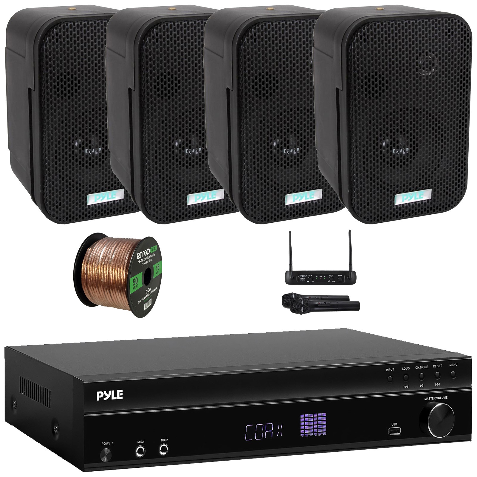 Pyle ARC Hi-Def Home Audio Receiver, 4x 3.5" 300 Watt Max Black Speakers W/ Mic