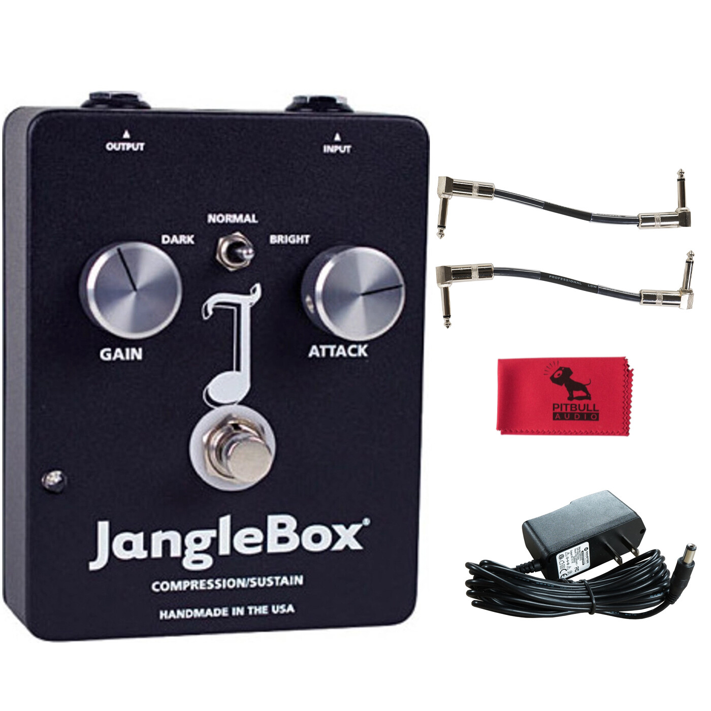 JangleBox Compressor/Sustainer Guitar Pedal w/ Power Supply, Patch Cables, Cloth