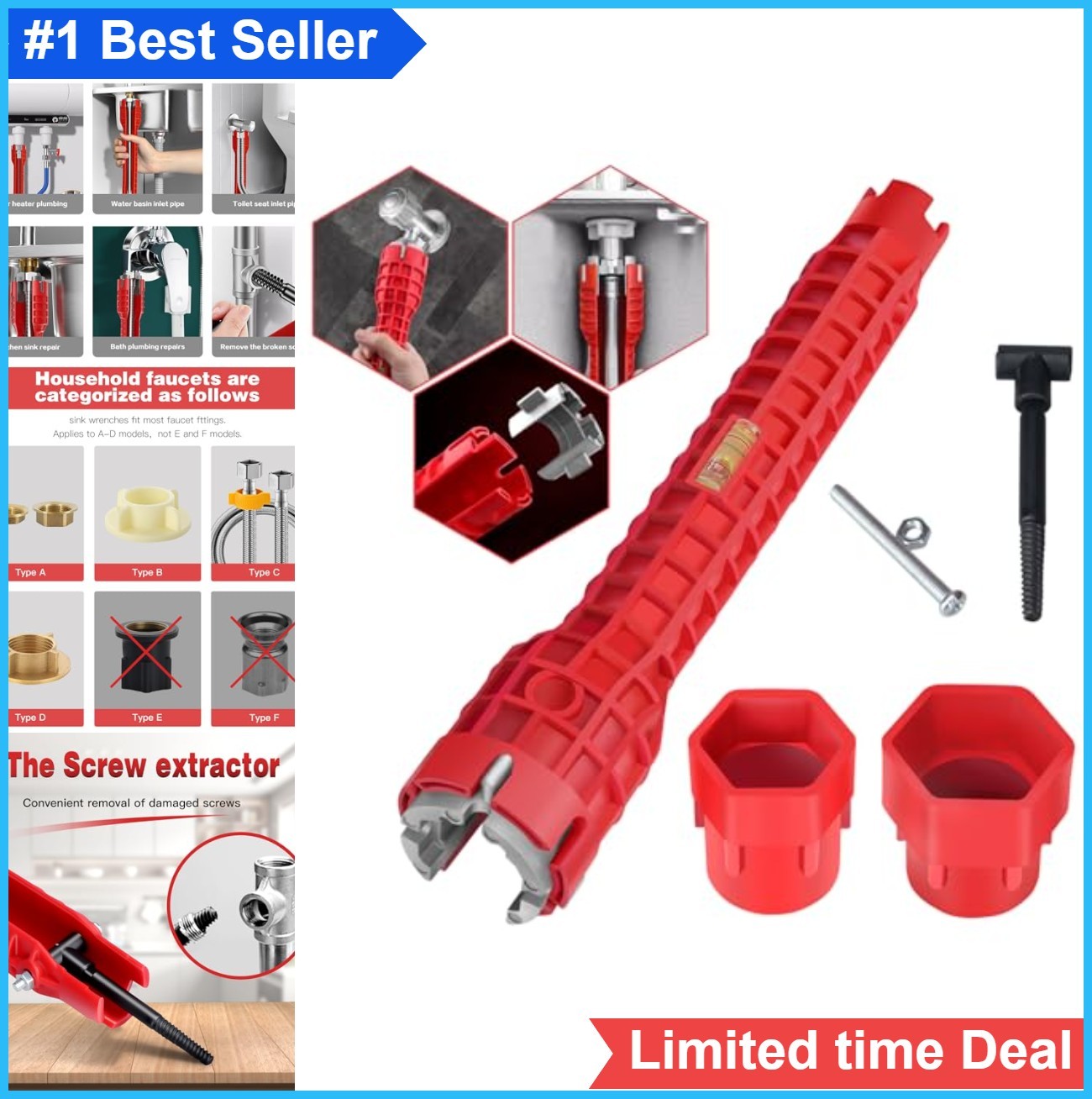 8 in 1 Faucet and Sink Wrench Multifunctional Plumbing Tool Kitchen Bathroom