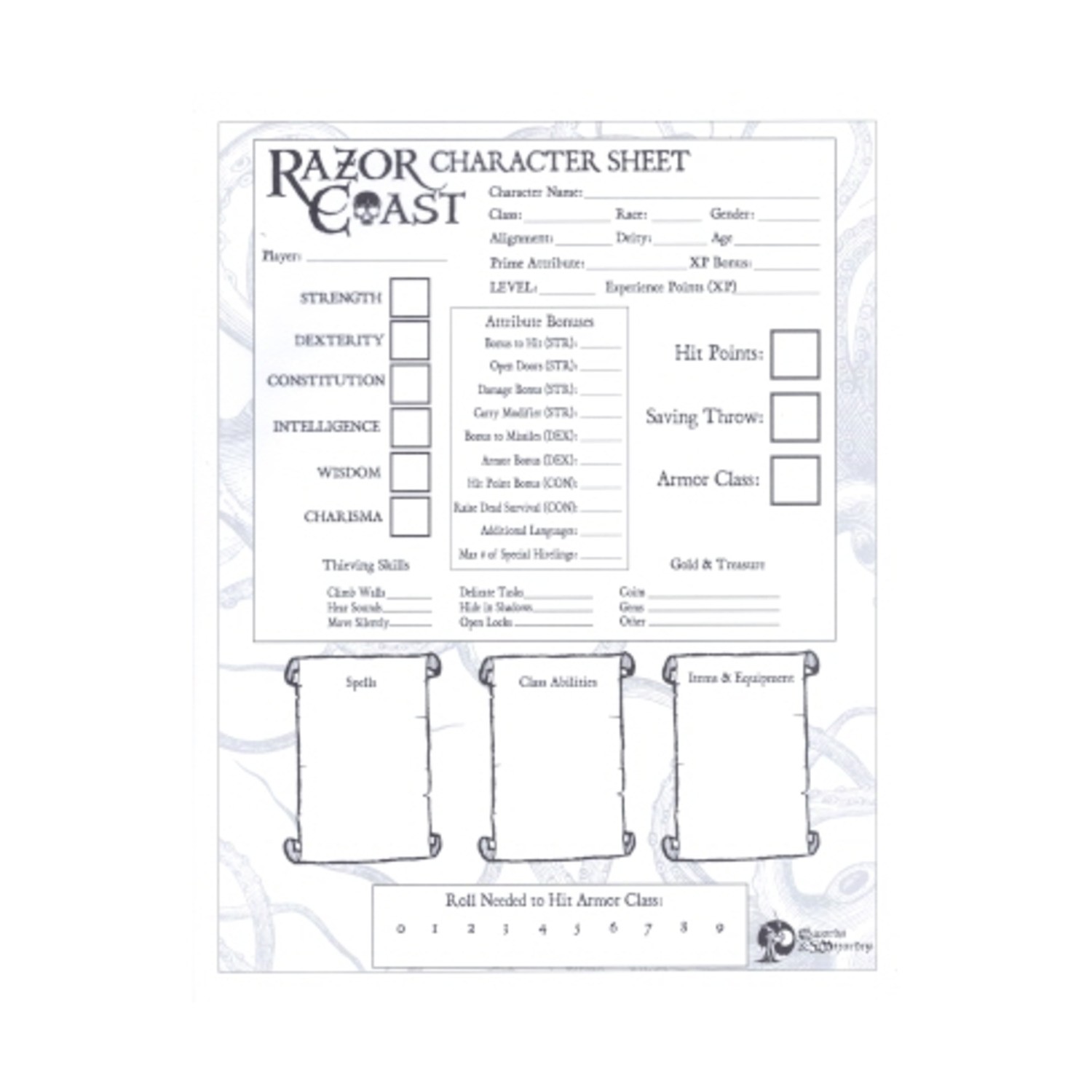 Frog God Swords & Wizardr  Razor Coast - Character Sheets (Swords & Wizard New