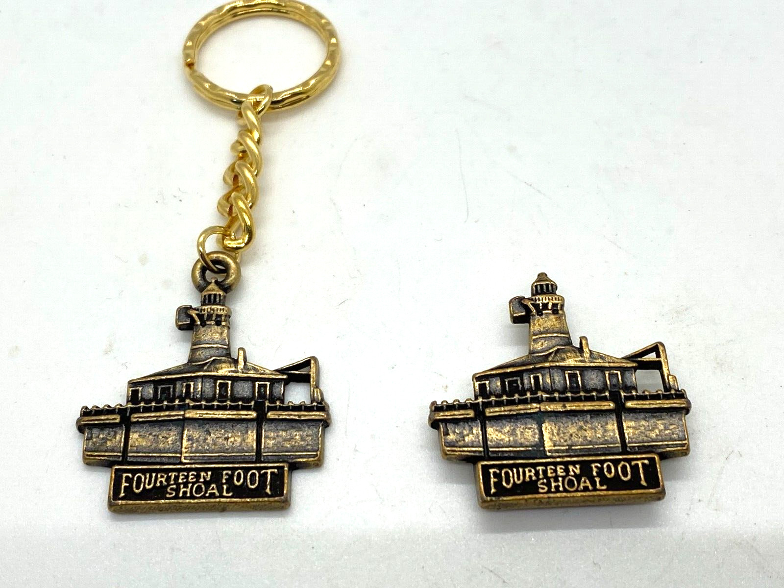 Fourteen Foot Shoal Lighthouse gold key chain and magnet, USA made, 2 items