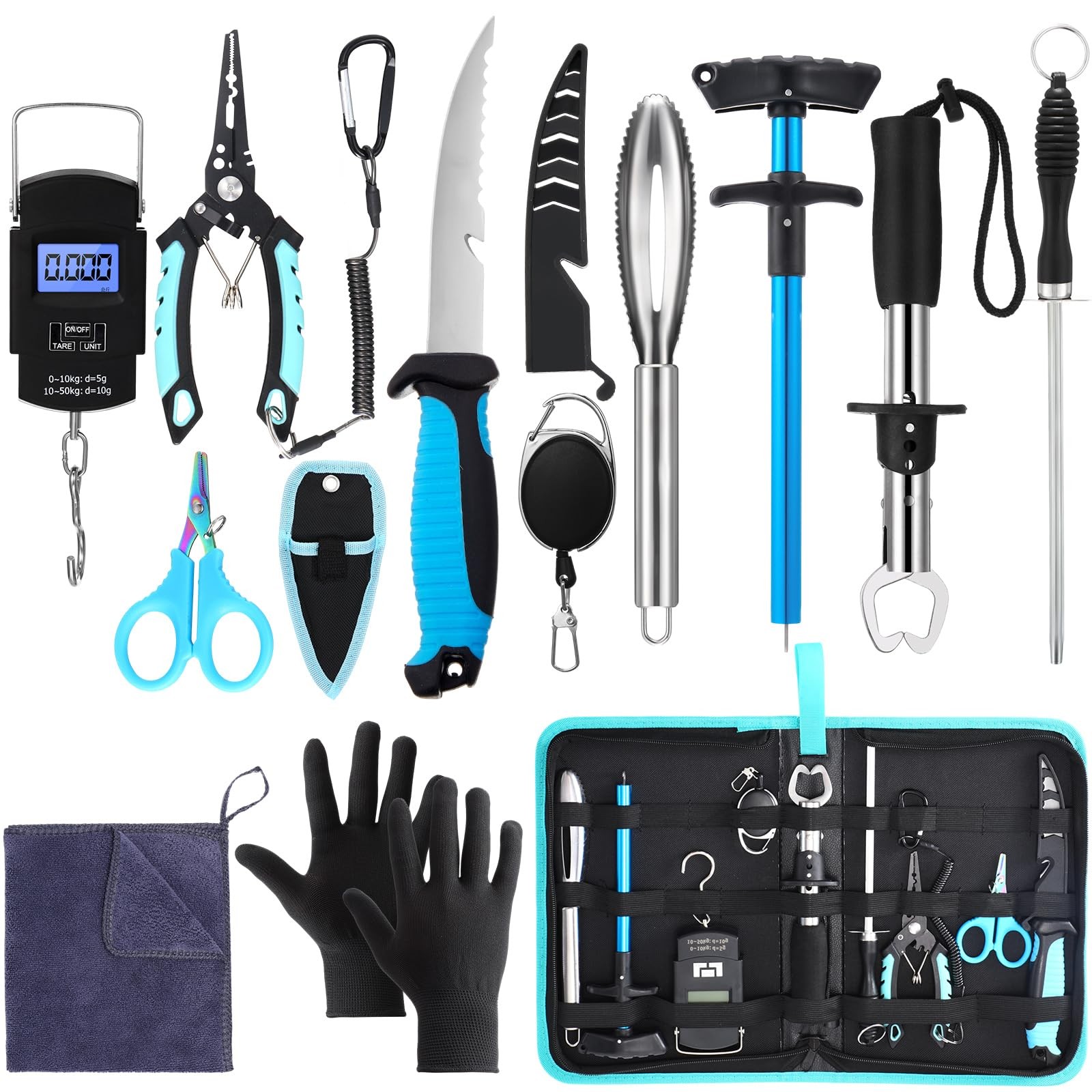 Roundfunny 14 Pcs Fishing Tool Kit Fillet Knife Fishing Pliers Lanyard Digital