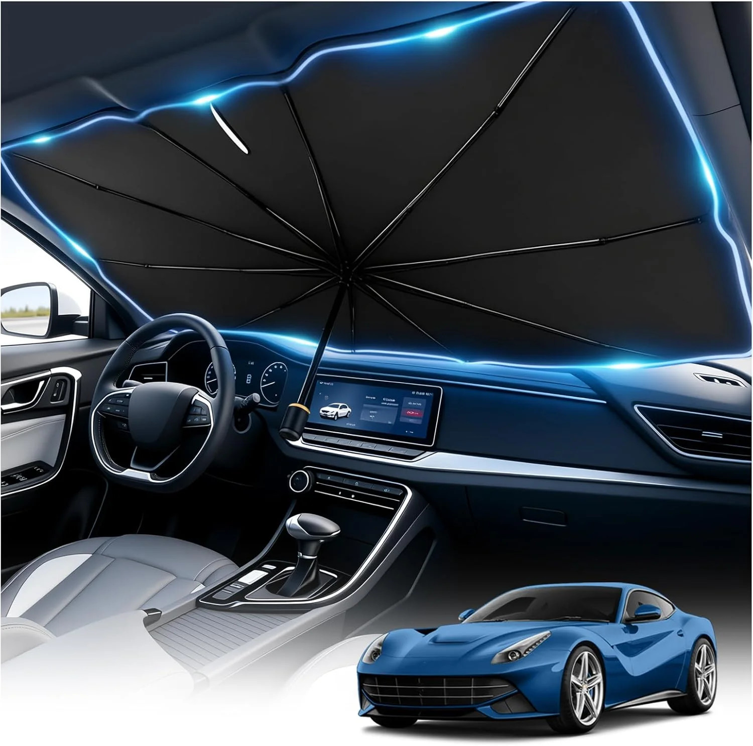 Car Windshield Sun Shade Umbrella,Titanium Silver Umbrella Sunshade for Car Wind