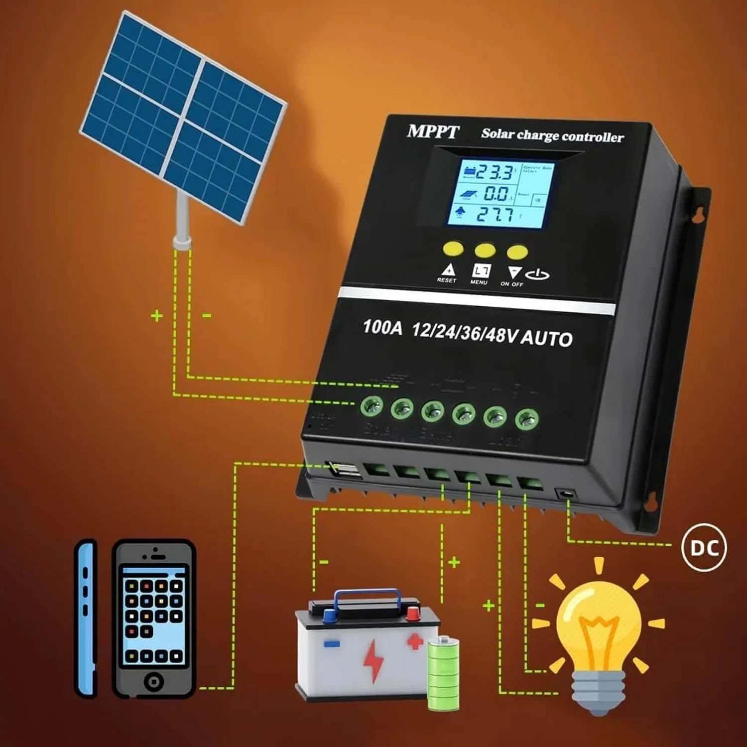 MPPT 12V/24V/36V/48V Solar Charge Controller Tools 100A LCD Dual USB