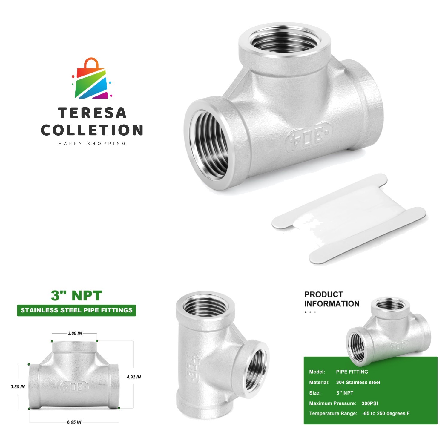Durable 304 Stainless Steel Tee - 3" NPT Female Pipe Fitting for Industrial Use