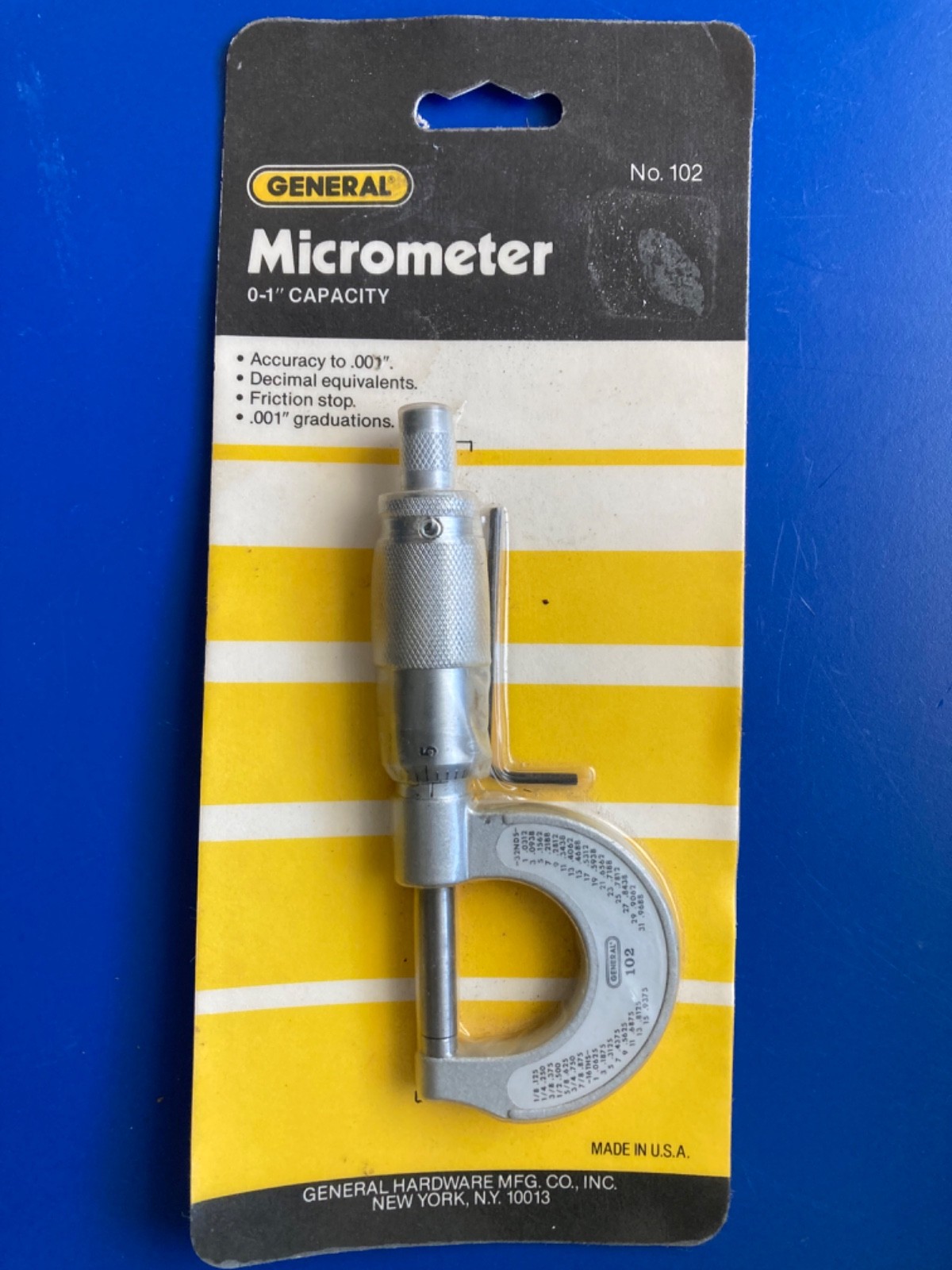 NEW USA General Tools Micrometer No. 102 / 0-1" Capacity .001 Inch Graduations