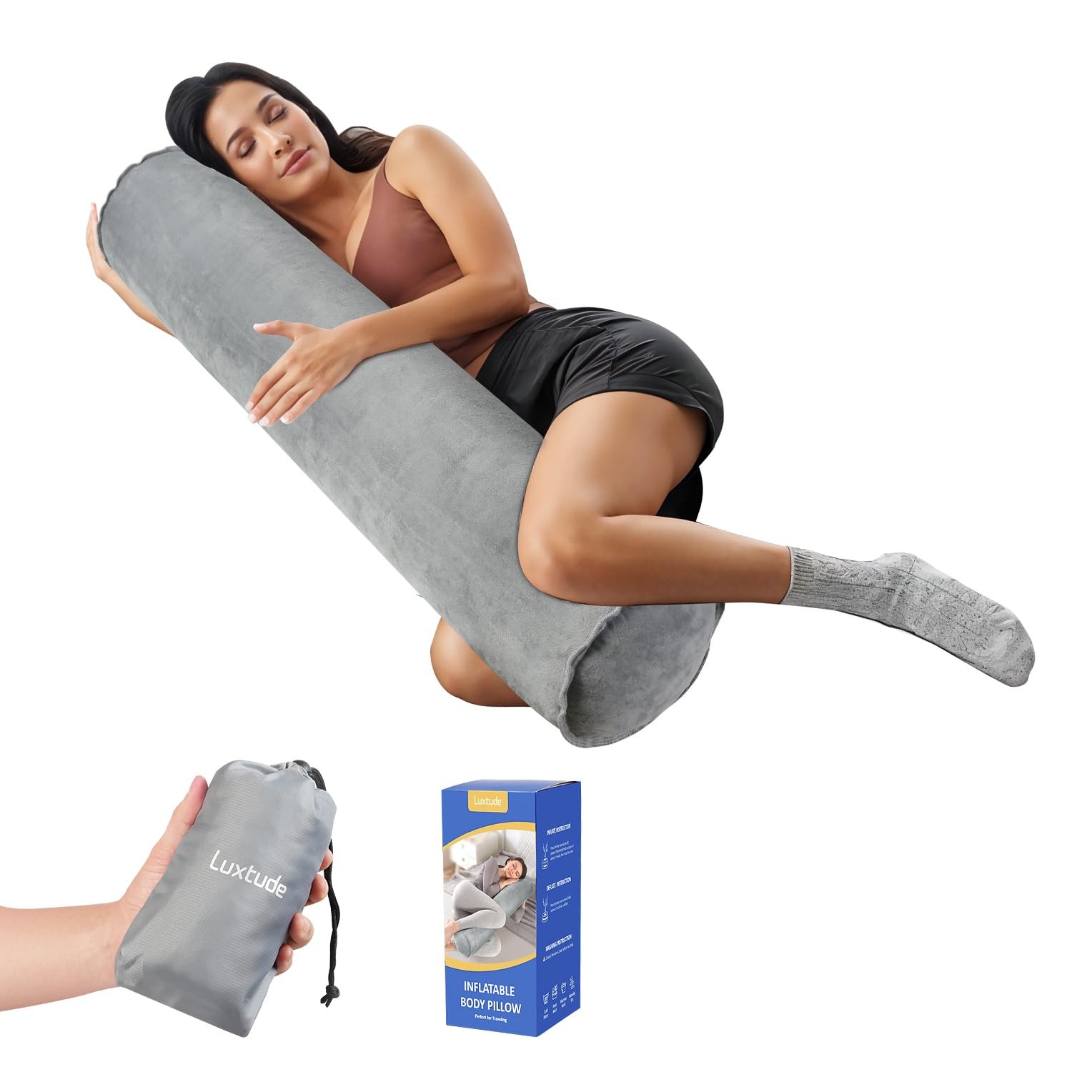 Inflatable Body Pillow for Adults Kids, Travel Body Pillow with Soft Velvet, ...