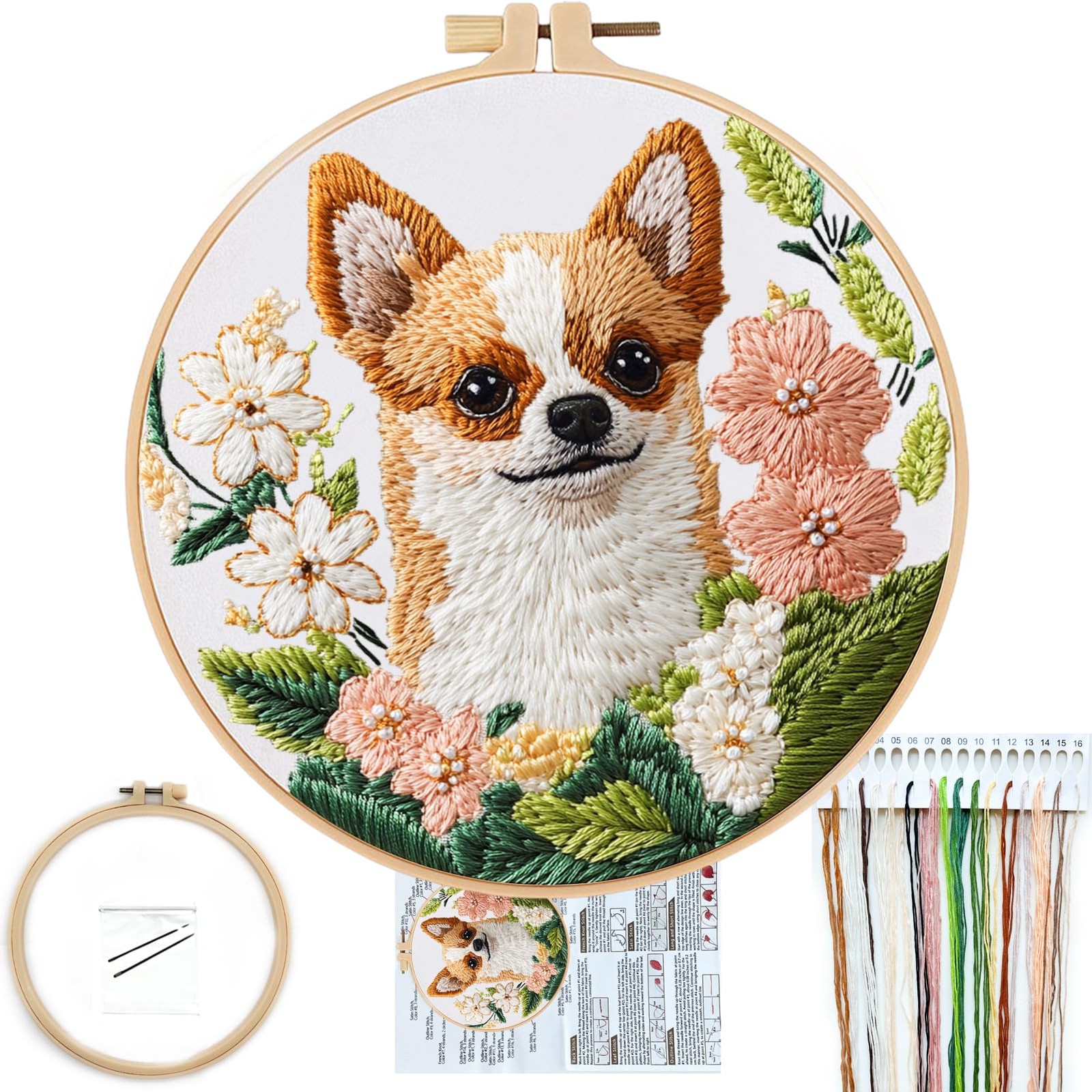 FONNUY Chihuahua Dog Floral Embroidery Kit, 8 inches x 8 inches, Loyal
