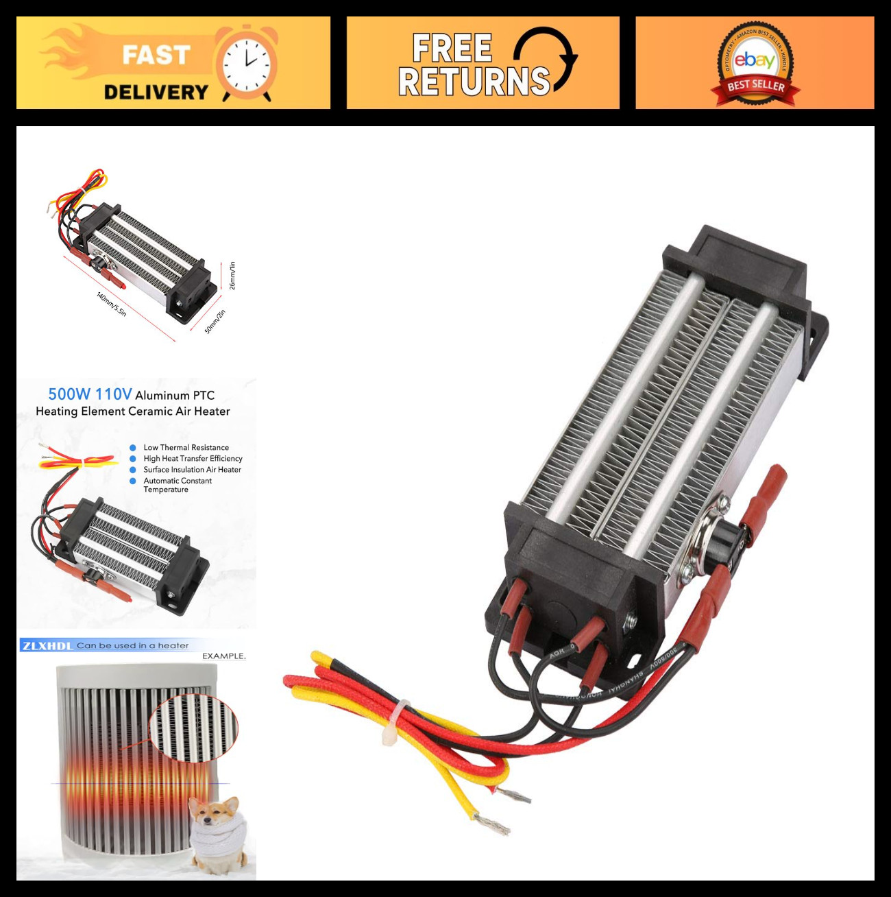500W 110V PTC Heating Element - Ceramic Air Heater for AC, Pet Dryer, Humidifier