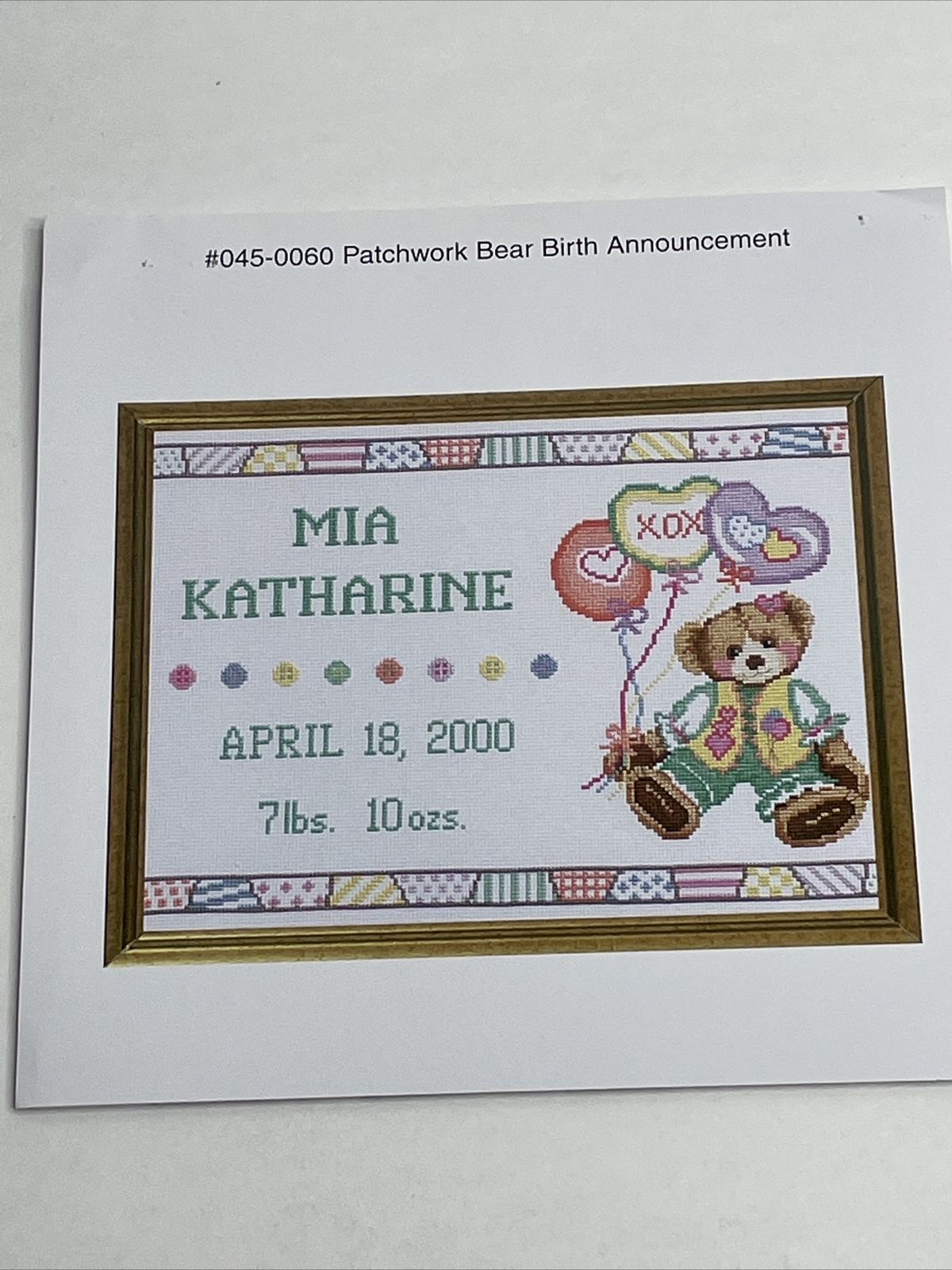 Janlynn Patchwork Bear Birth Announcement Record Cross Stitch Pattern