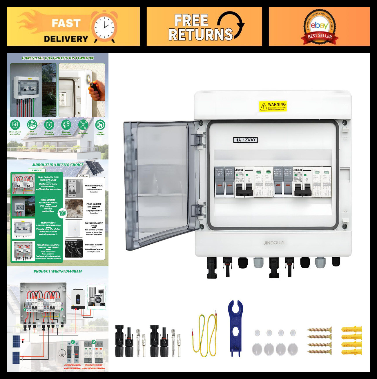 2 in 2 Out Solar Combiner Box with 20A Fuse, DC Circuit Breaker & Surge Protecto