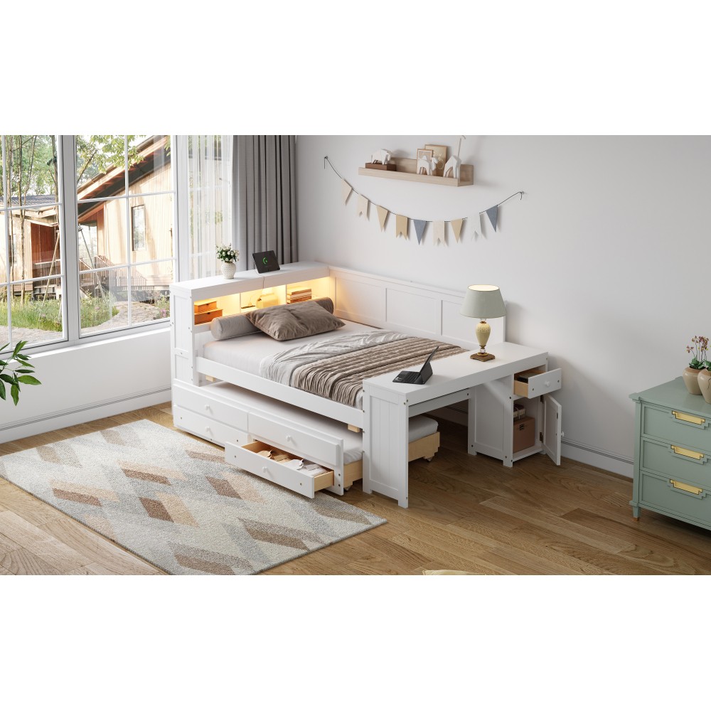 Full Size Daybed with Storage Shelves,Drawers,Trundle,Charging Station