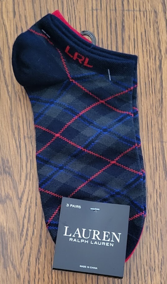 Lauren Ralph Lauren Women’s ankle socks 3 Pk Argyle, Red or Navy Shoe Sz  4-10.5
