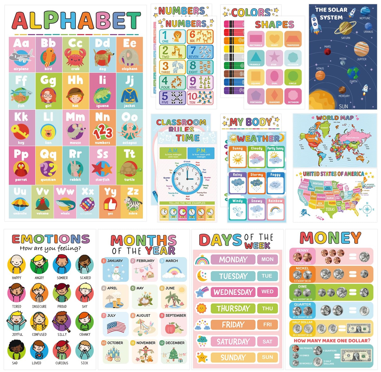 16 Educational Posters for Toddlers, Laminated Classroom Learning Posters, Ki...