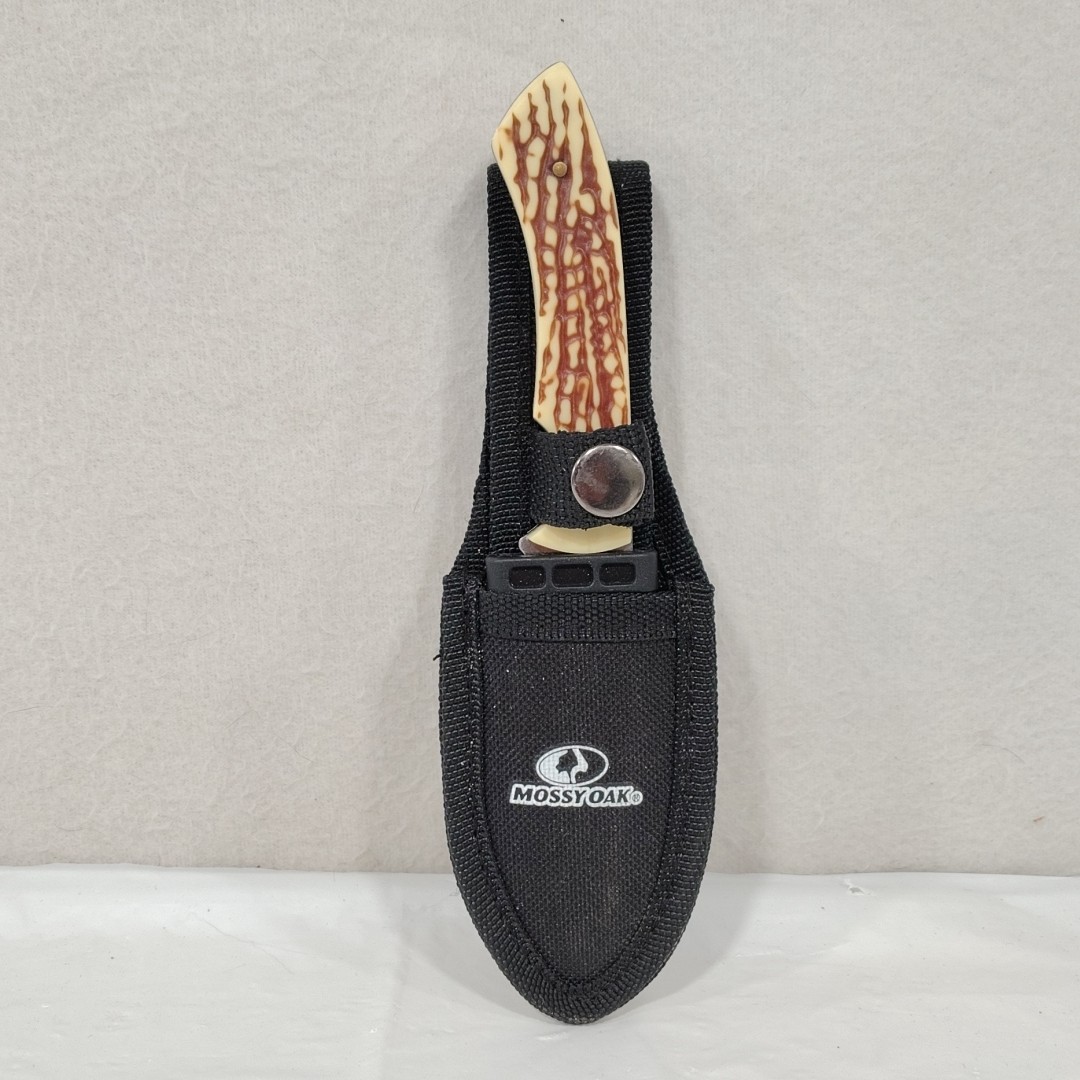 Mossy Oak Fixed Blade Hunting Knife Faux Bone Handle 3" Inch Blade Belt Sheath