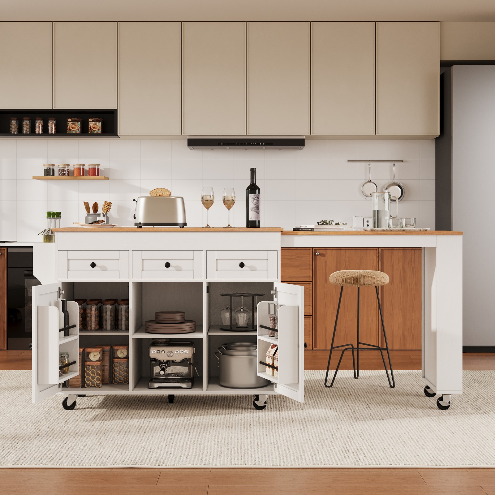 White Kitchen Island with Extendable Dining Table, 3 Drawers, 2 Doors, 85.5"