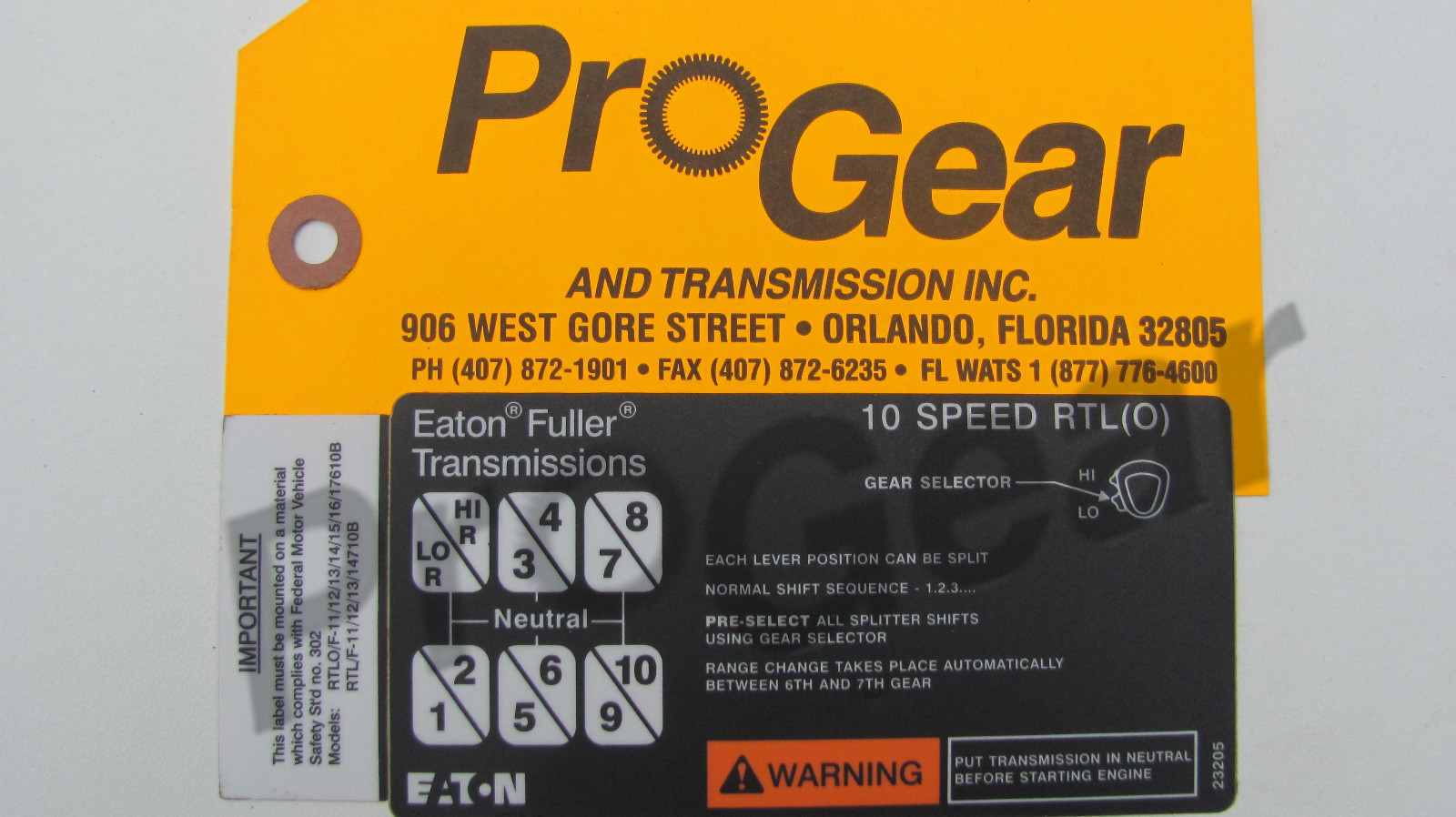 Eaton Fuller SUPER 10 Transmission Shift Pattern label 23205