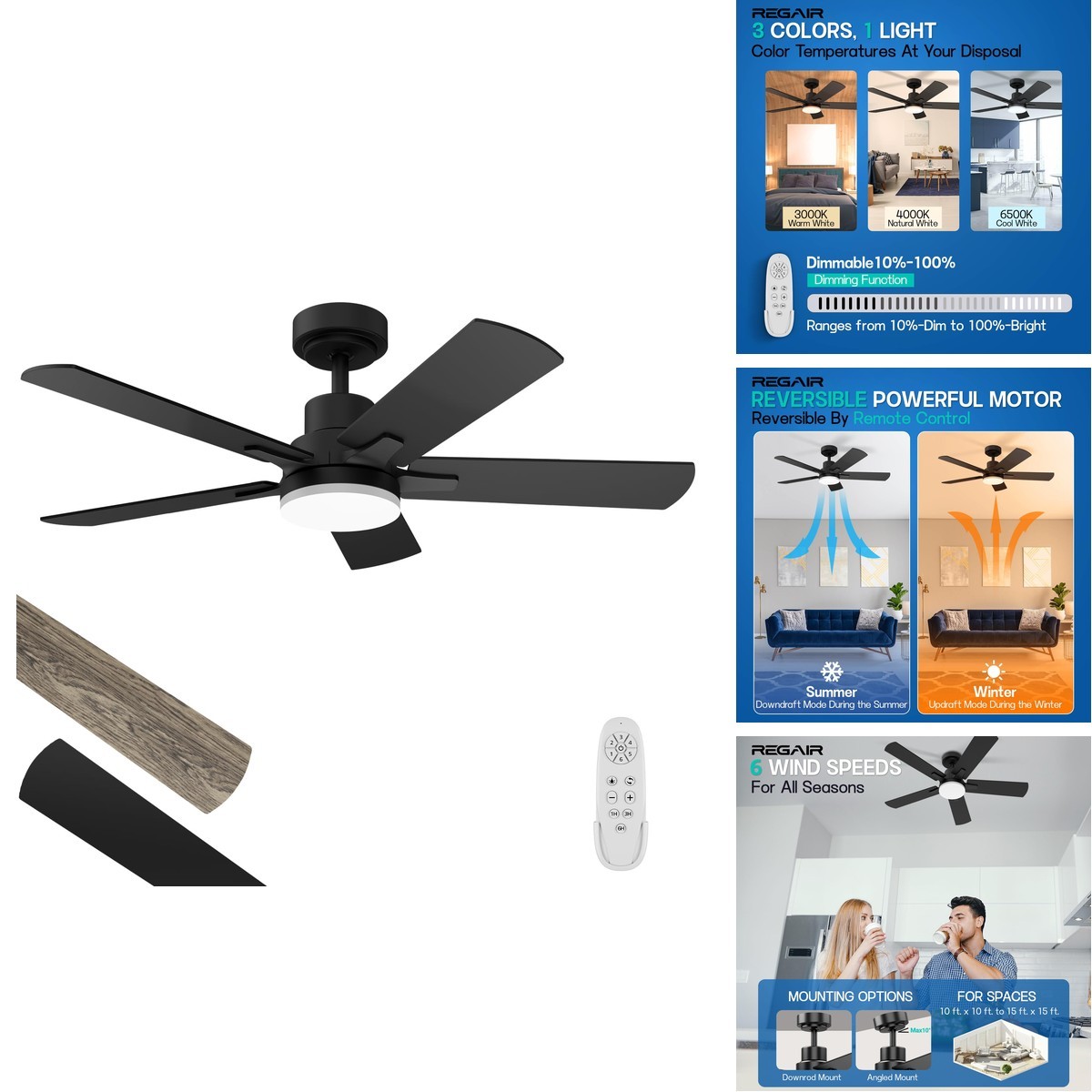 Regair 1170 42-Inch White Ceiling Fan With Light Remote Control DC Motor 3CCT