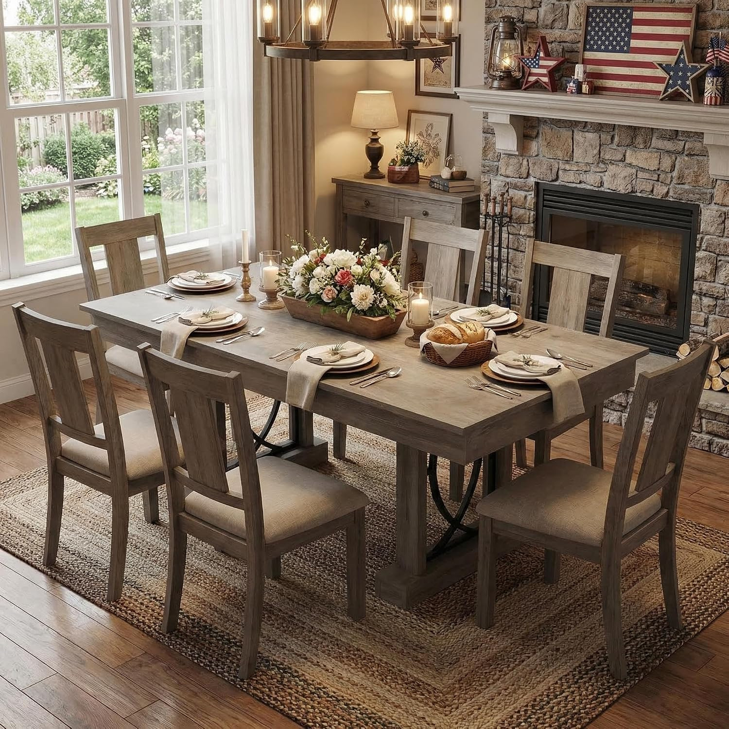 Rustic Gray Wooden Dining Table for 6-8 with 2 Large Drawers, 71" Long
