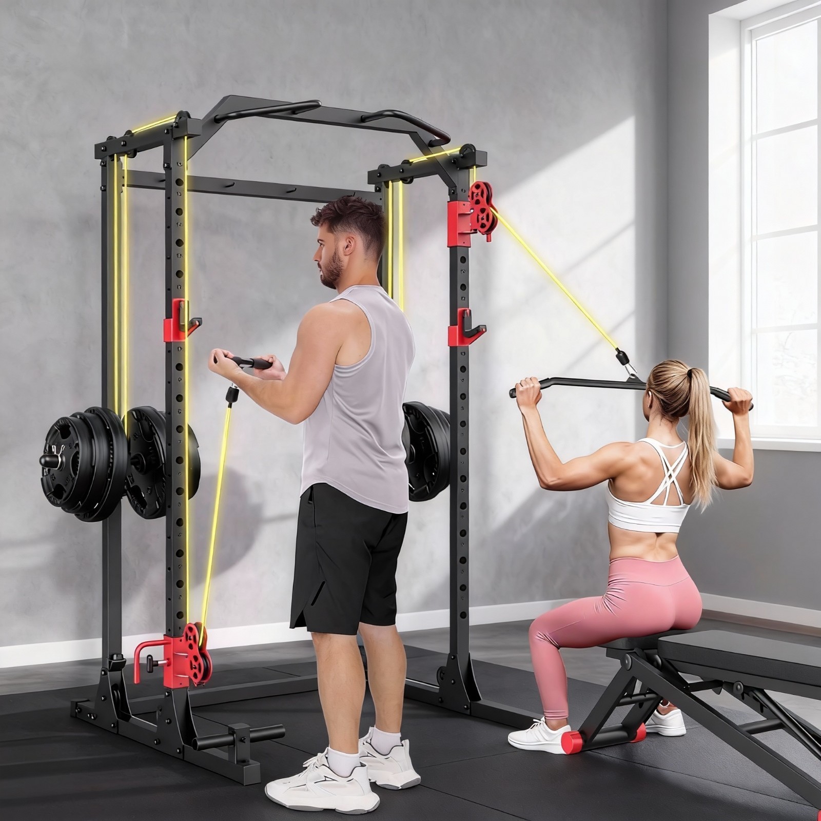 Power Squat Rack Cage, 1500lbs Weight Cable Machine w/Grip Pull-Up Bar & J-Hooks