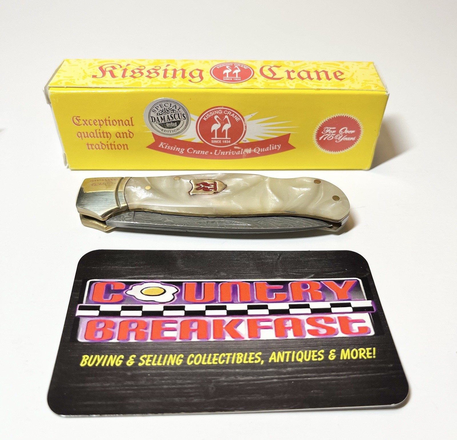 Kissing Crane Fancy Pearl Folding Lockback Damascus Pocket Knife 6.5” Long BNIB!