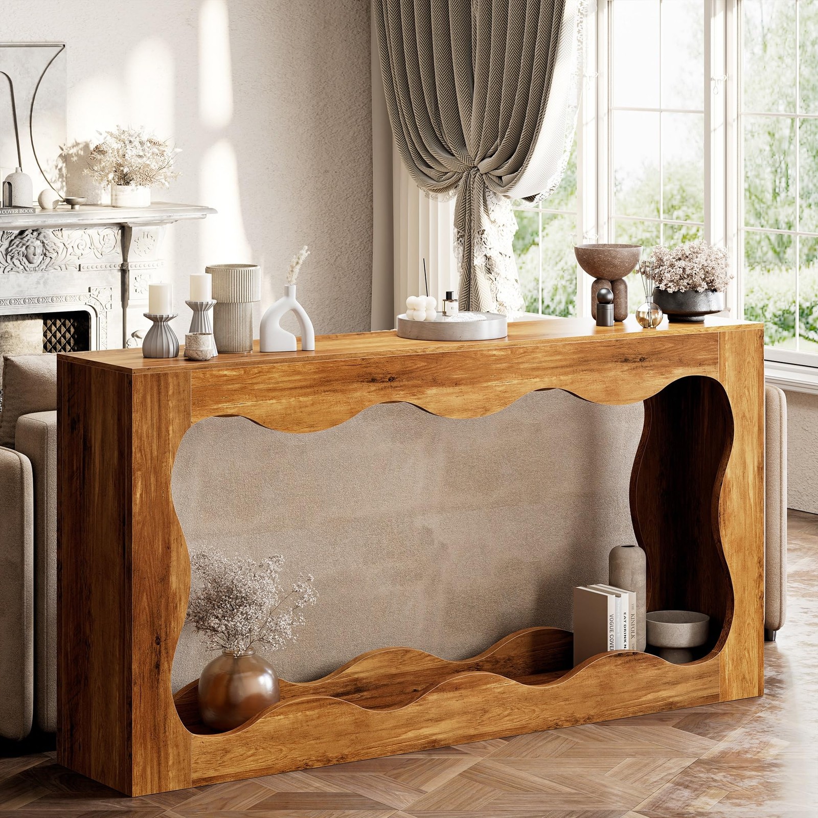 63 inch Farmhouse Console Table with Storage & LED Light, Long Sofa Table Beh...