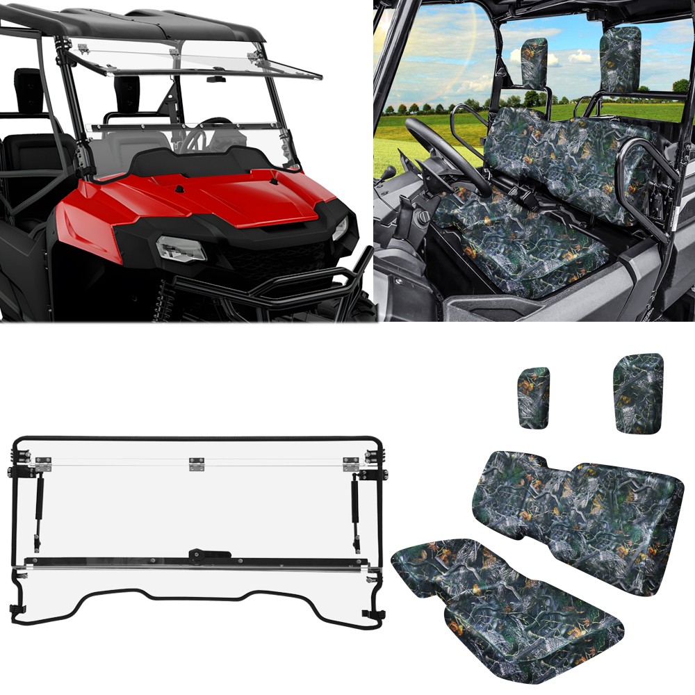 Flip Windshield Front Window with Seat Covers for Honda Pioneer 700 700-4