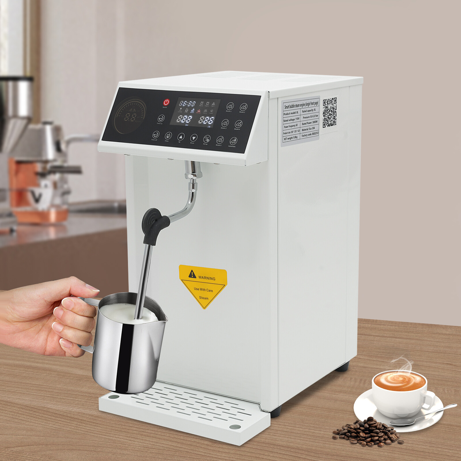 1300W Steam Milk Frother Commercial Steam Milk Foam Machine 8L Milk Frother