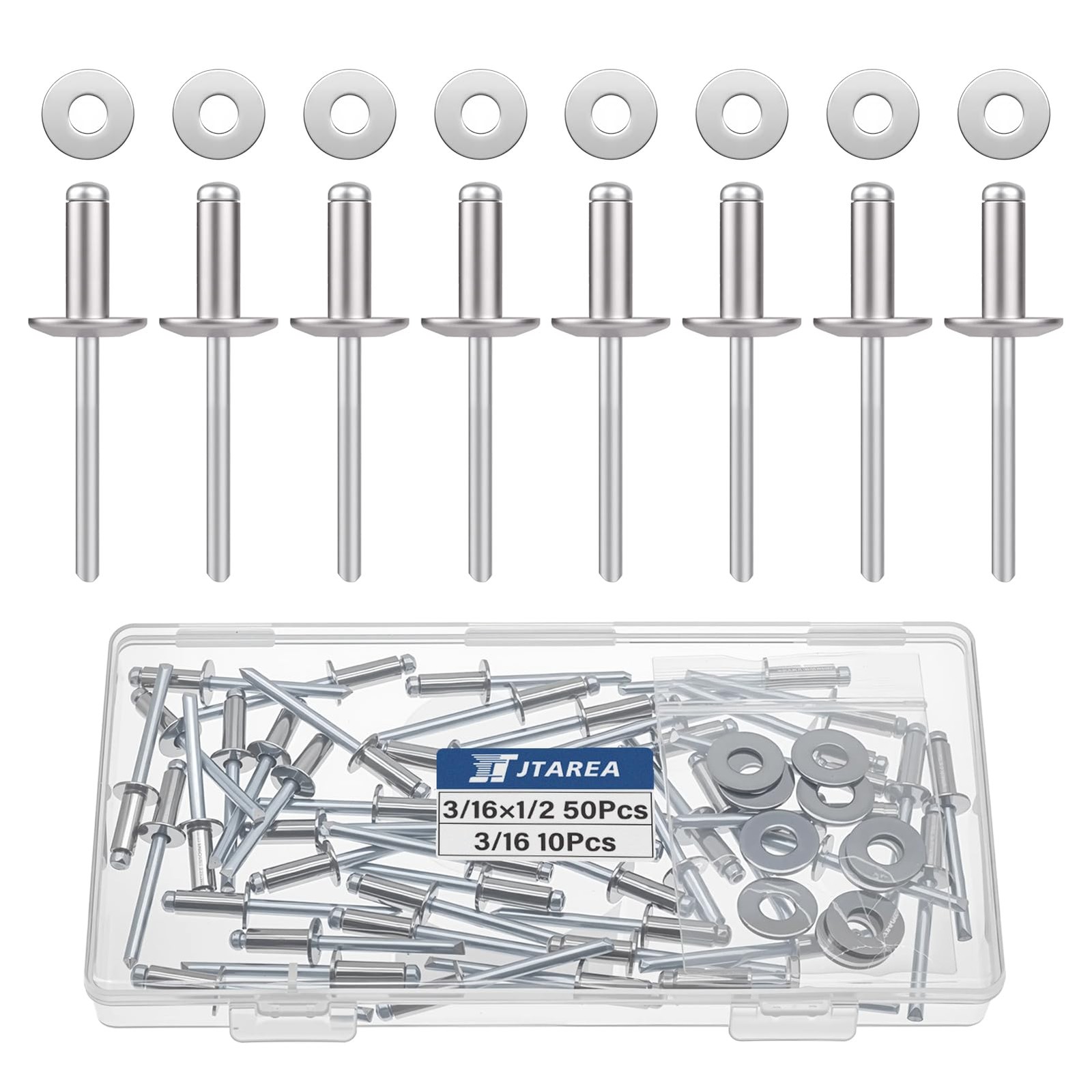 JTAREA 60pcs 3/16" x 1/2" Stainless Steel Pop Rivets with 3/16*1/2