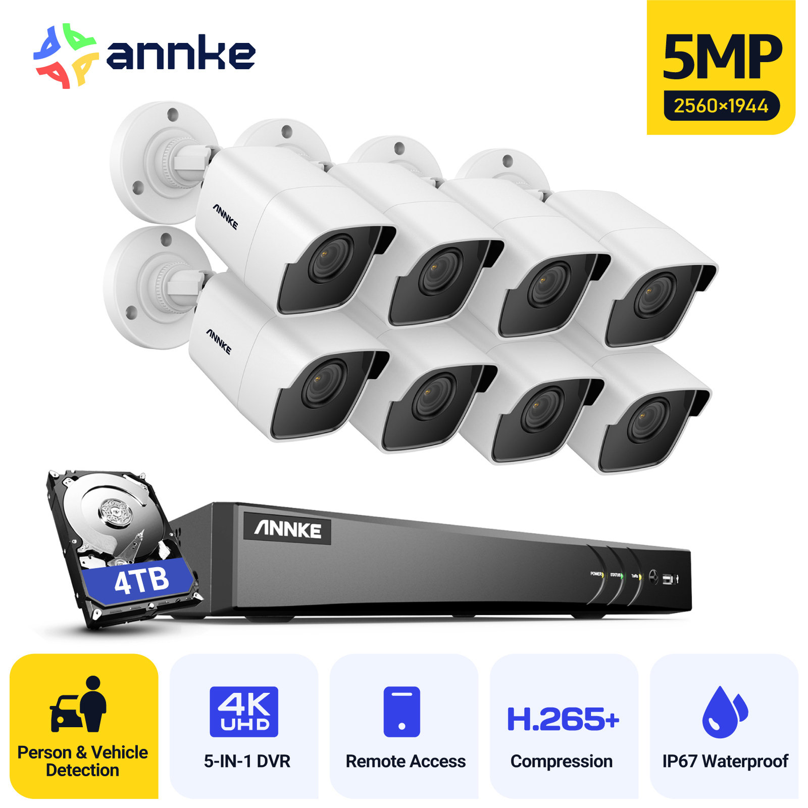 ANNKE 4K 8CH DVR 5MP CCTV Security Camera System AI Human Detection IP67 H.265+