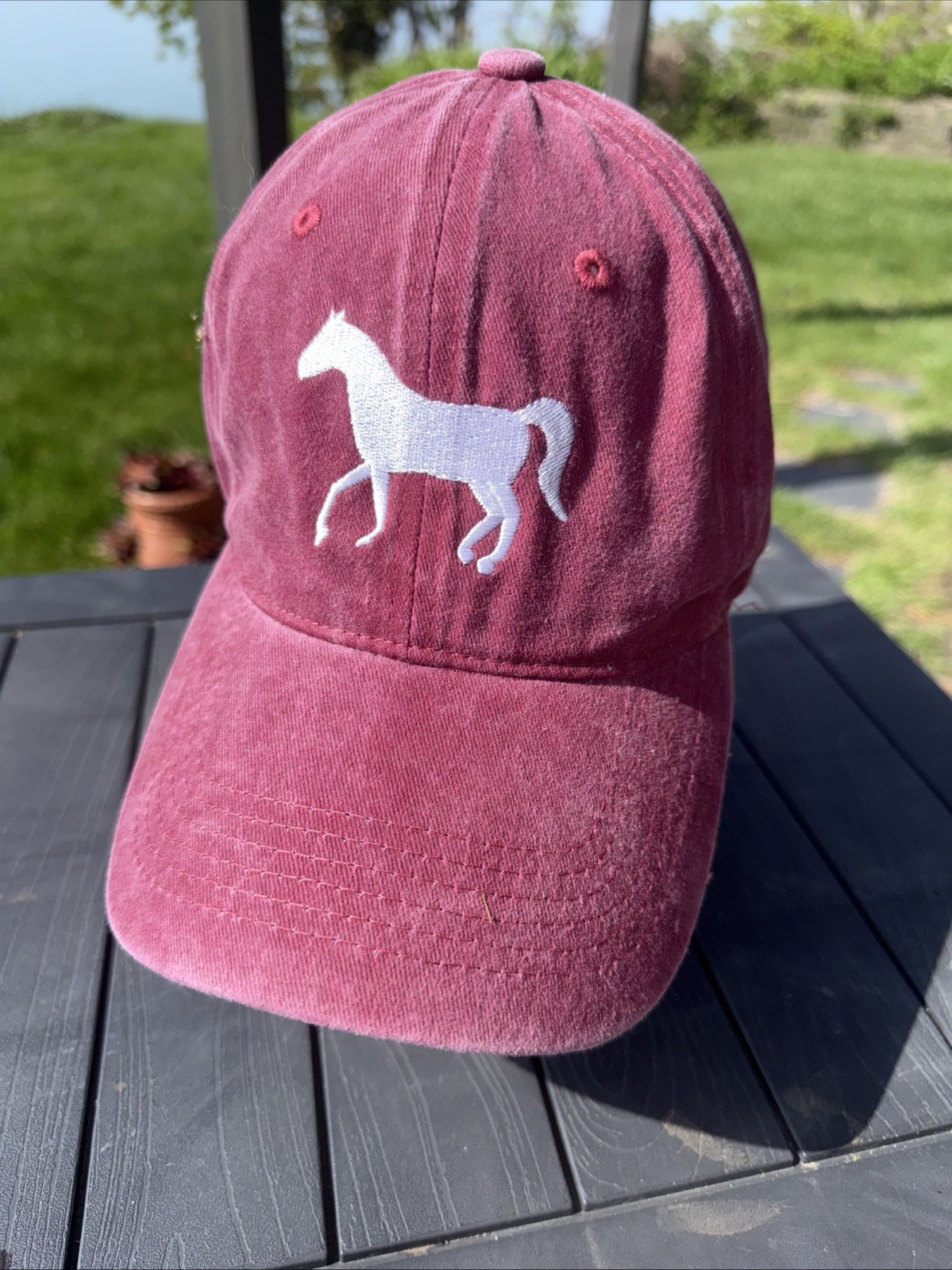 Horse Embroidered in White on 100% Cotton WashedOUT Maroon Hat Cap Strap Buckle