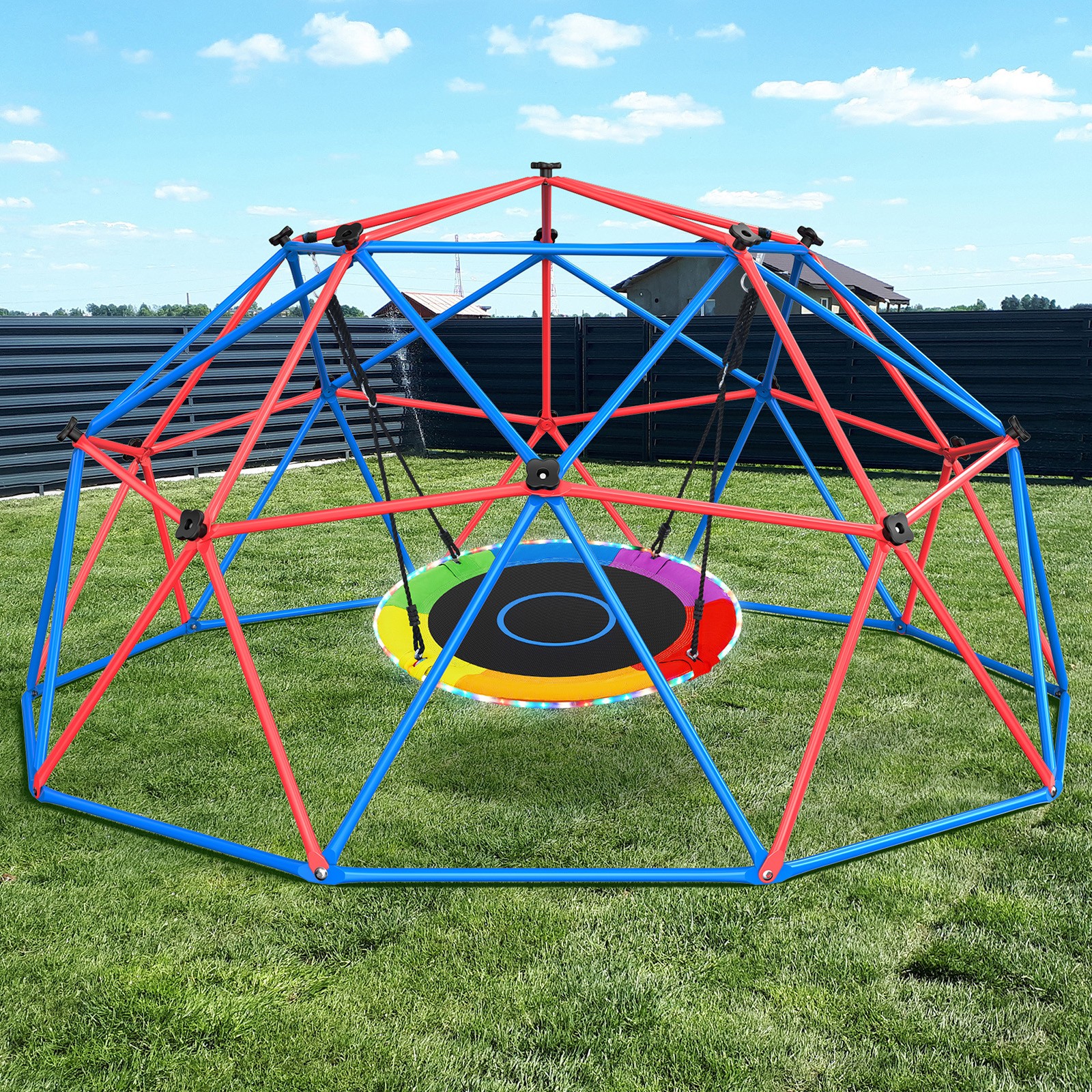 Hapfan Outdoor Climbing Dome with LED Saucer Swing Backyard Playset Jungle Gym