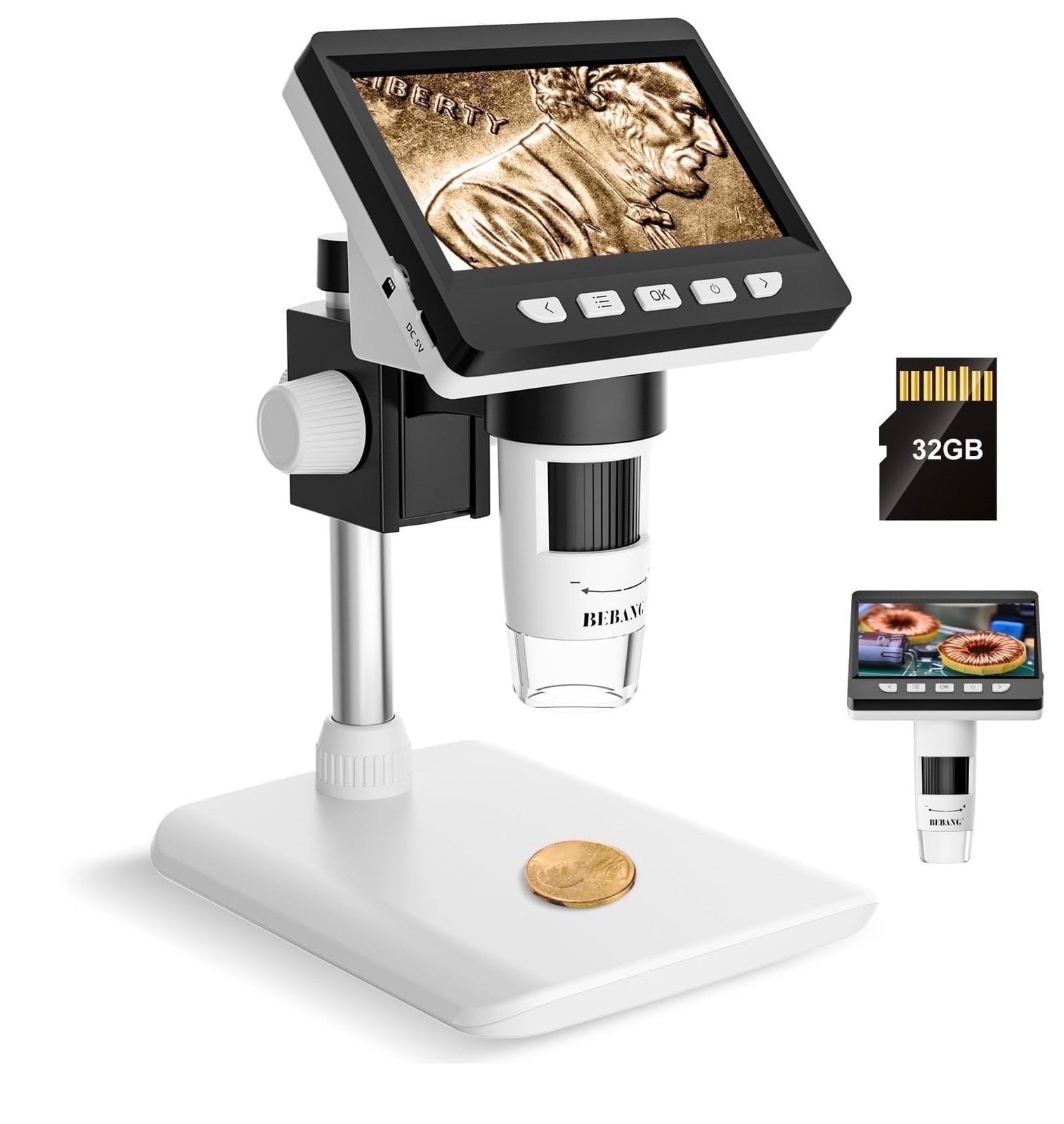 BEBANG 4.3" Coin Digital Microscope with 1080p LCD, 2MP Camera, 8 LED Lights,