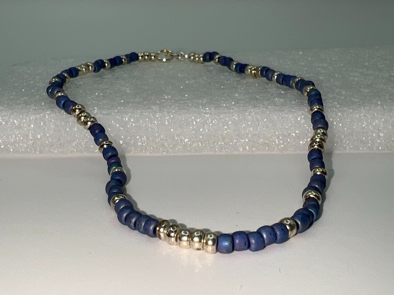 ANKLET - matte blue delicate glass beaded anklet w/silver plated lobster clasp