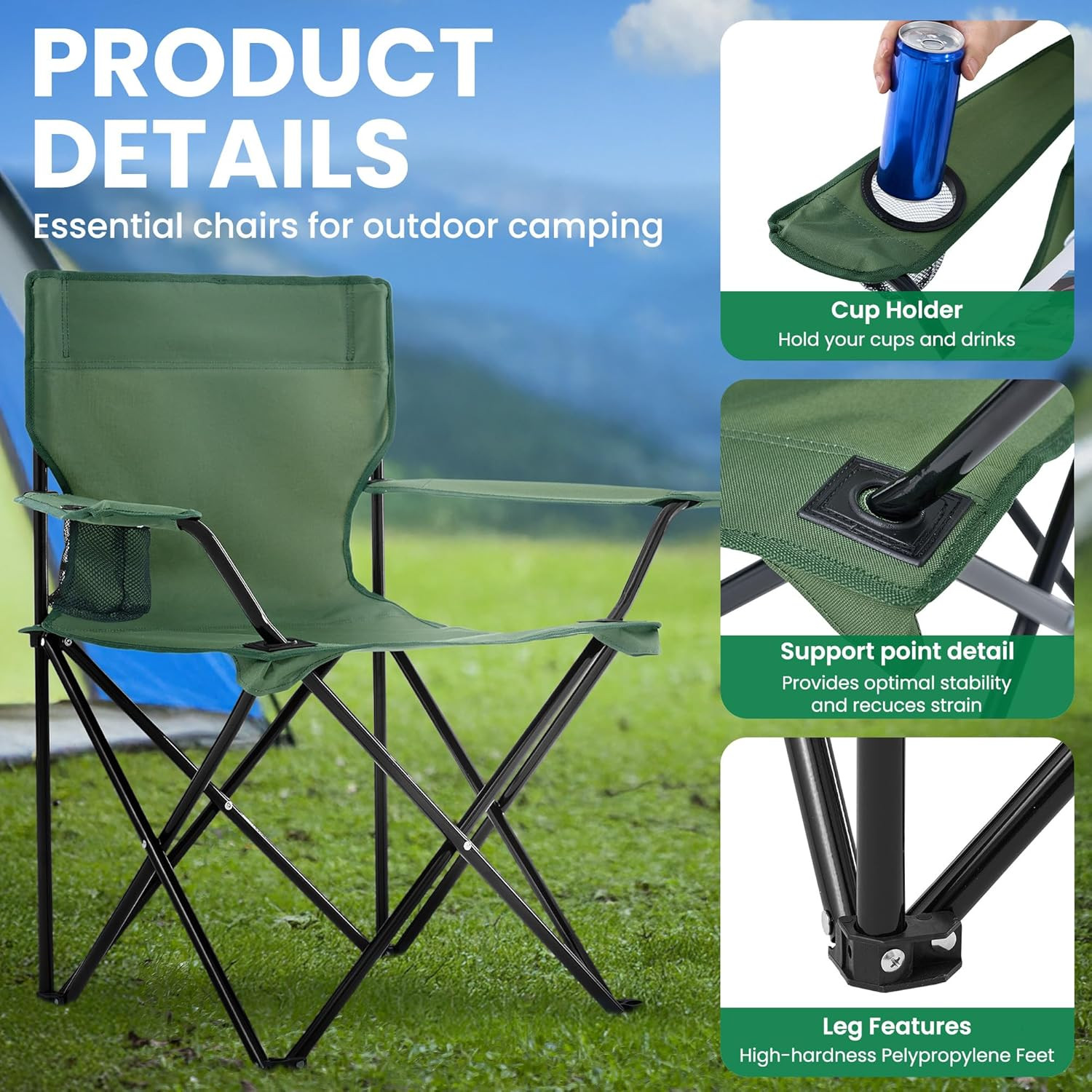 2-Pack Foldable Camping Chairs with Cup Holder, 300LB Lawn Portable Folding Chai