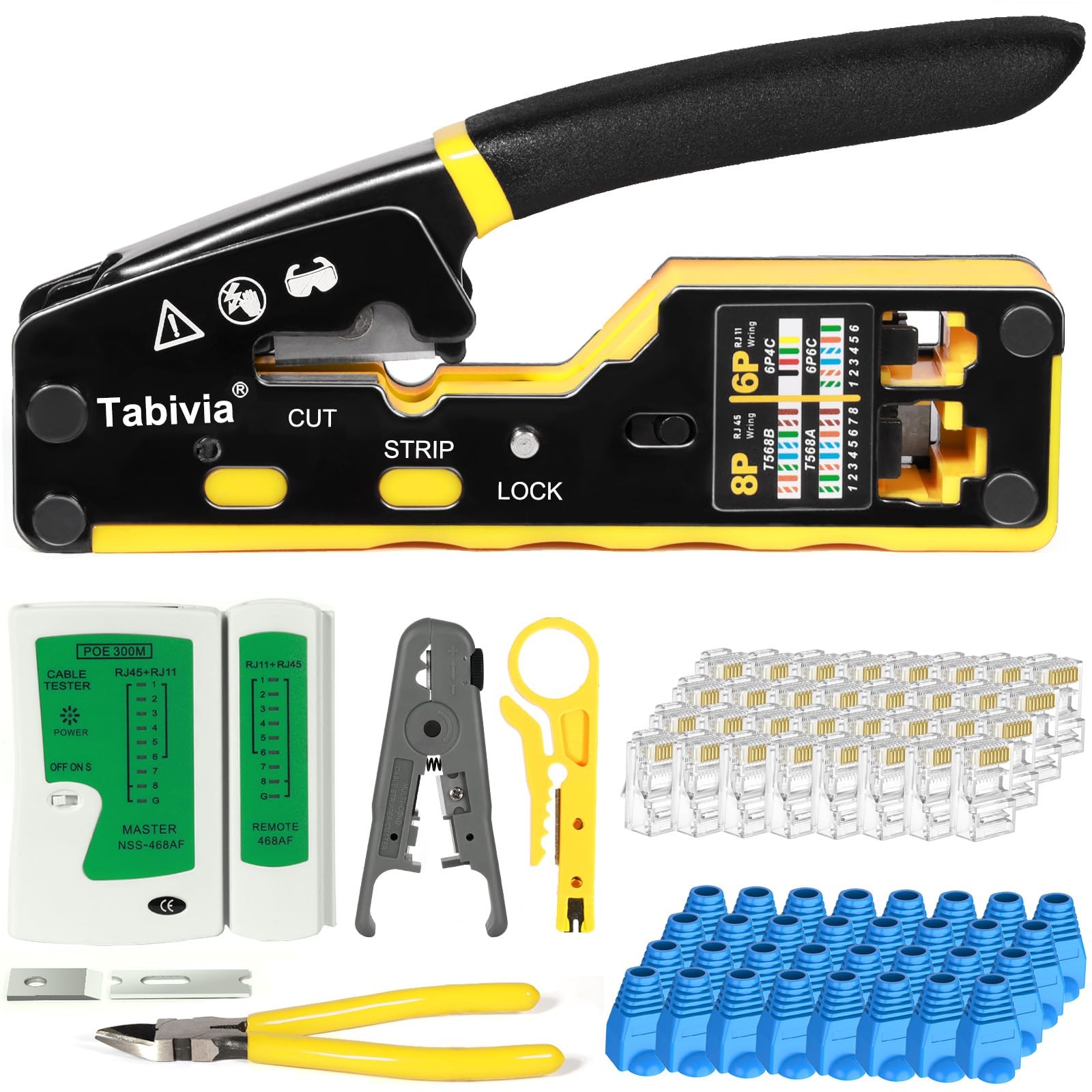 RJ45 Pass Through Crimp Tool Kit Ethernet Tester 50PCS Cat6 Connectors Boots