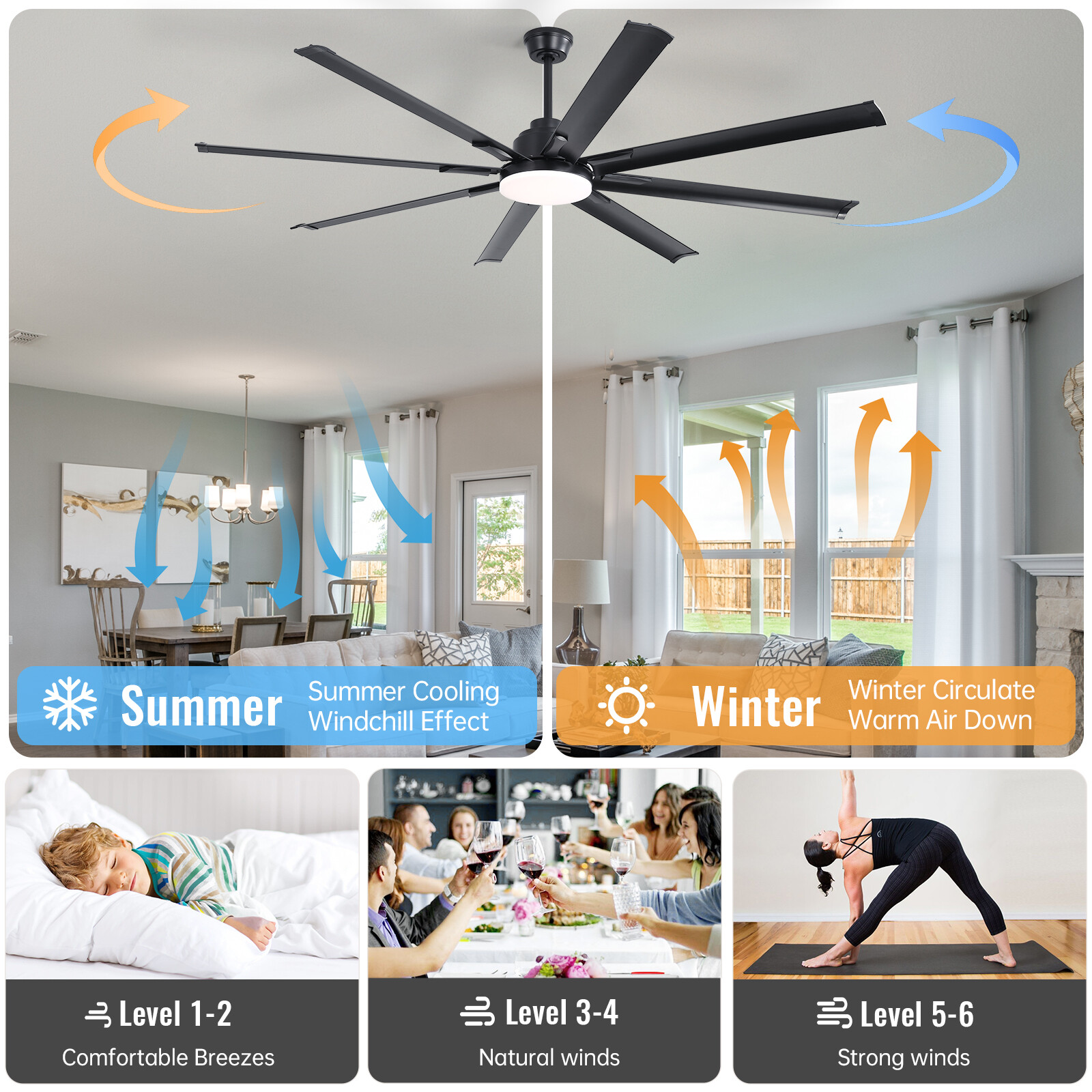 Large 72in Smart Ceiling Fan DC Motor 8 Blade LED Light Remote Control Timer APP