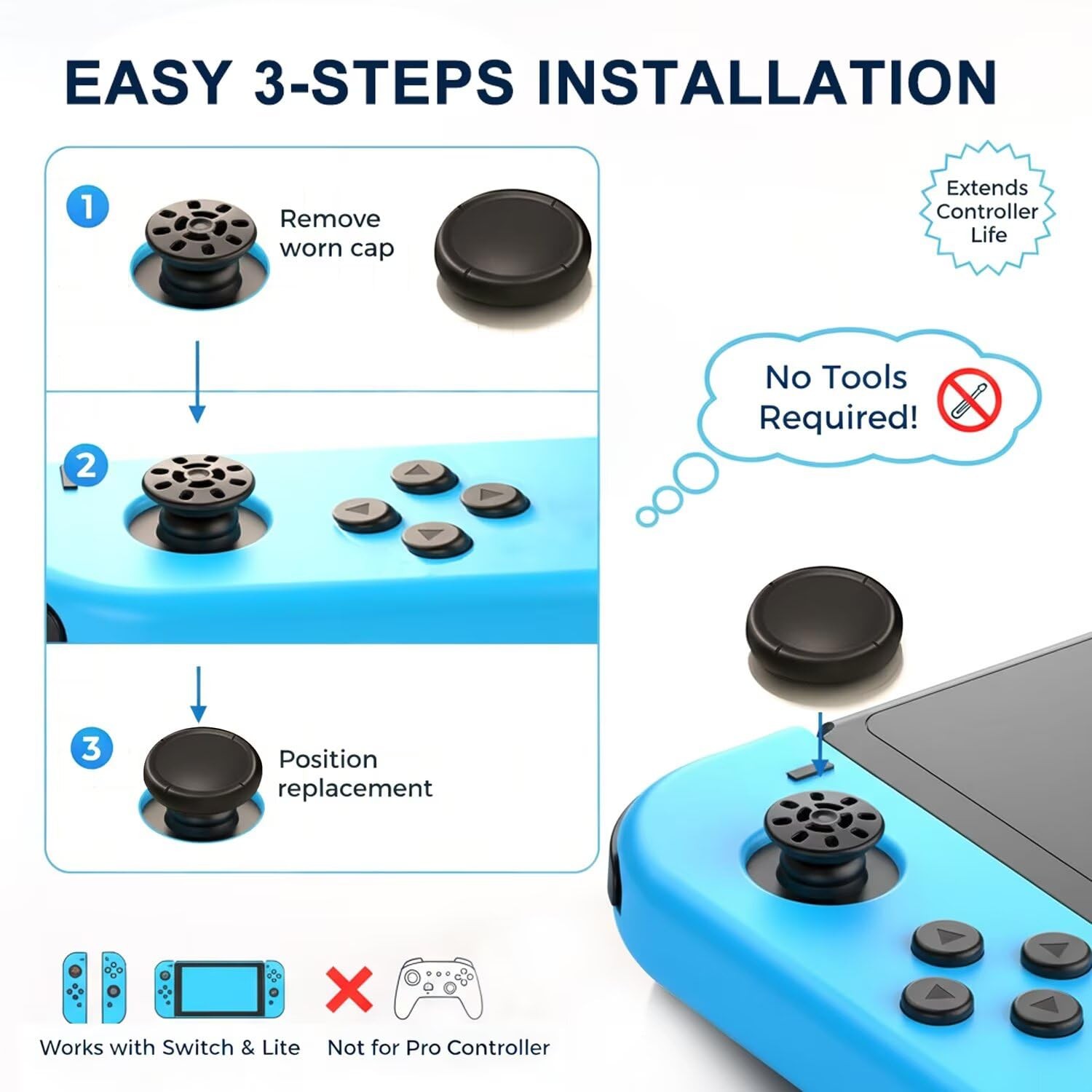 Ferkurn Joystick Replacement Cap Thumb Grip for Switch OLED Joycon & Black