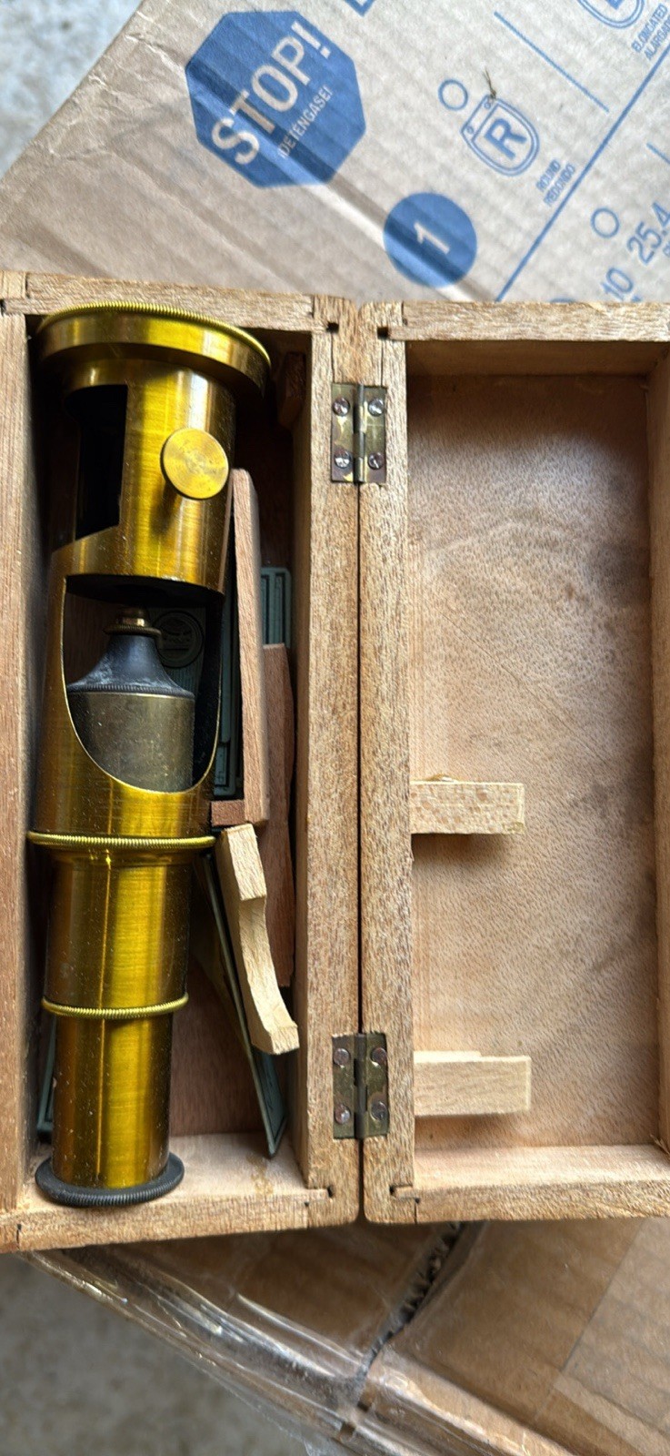 Antique Brass field Microscope in Wooden Case with Slides & Accessories