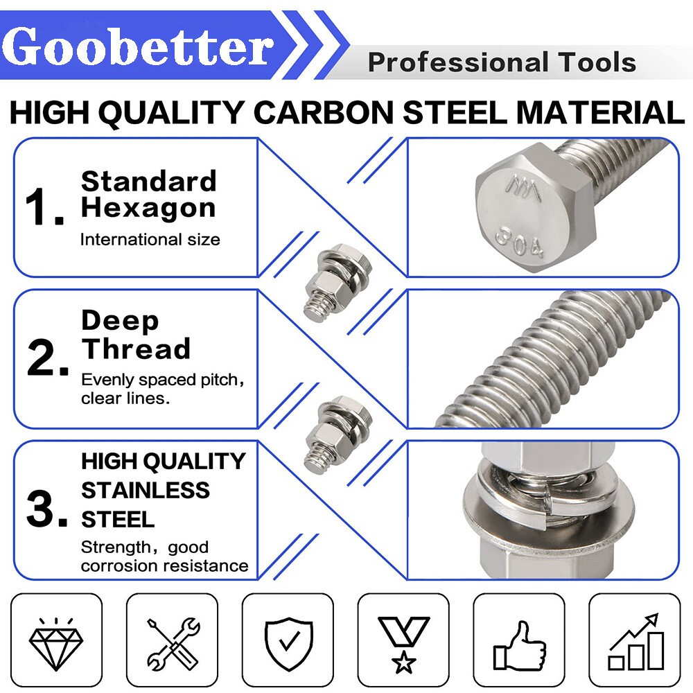64pcs 3/8-16 Hex Head Bolt Nut Flat & Lock Washer Assortment Kit Stainless Steel